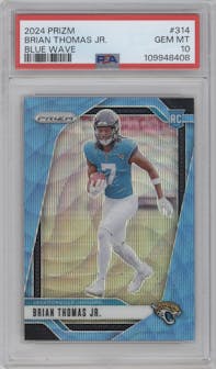 Brian Thomas Jr. from the 2024 Panini Prizm set featuring a Blue Wave Prizm parallel graded by PSA and given an overall grade of 10.