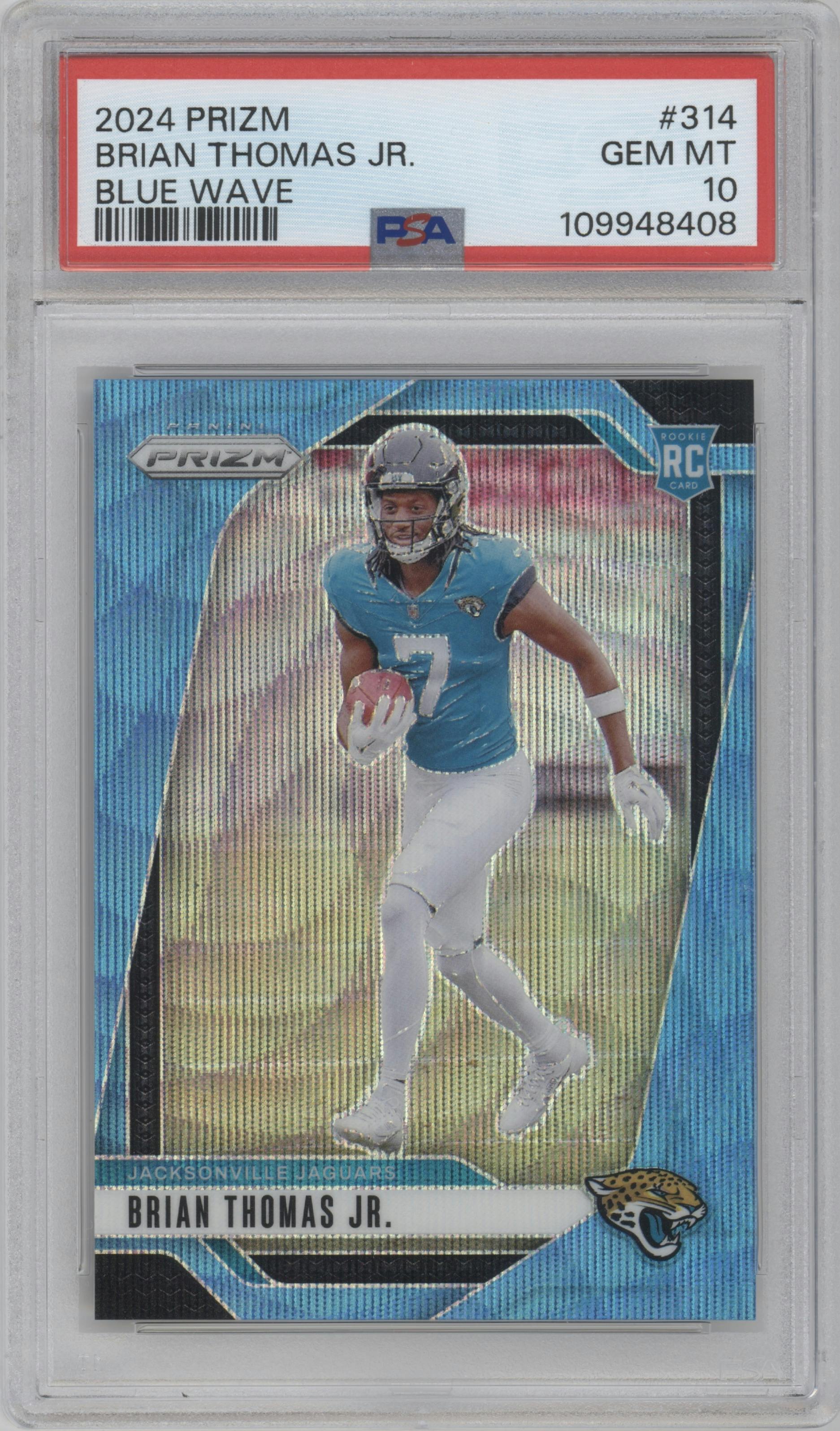 Brian Thomas Jr. from the 2024 Panini Prizm set featuring a Blue Wave Prizm parallel graded by PSA and given an overall grade of 10.