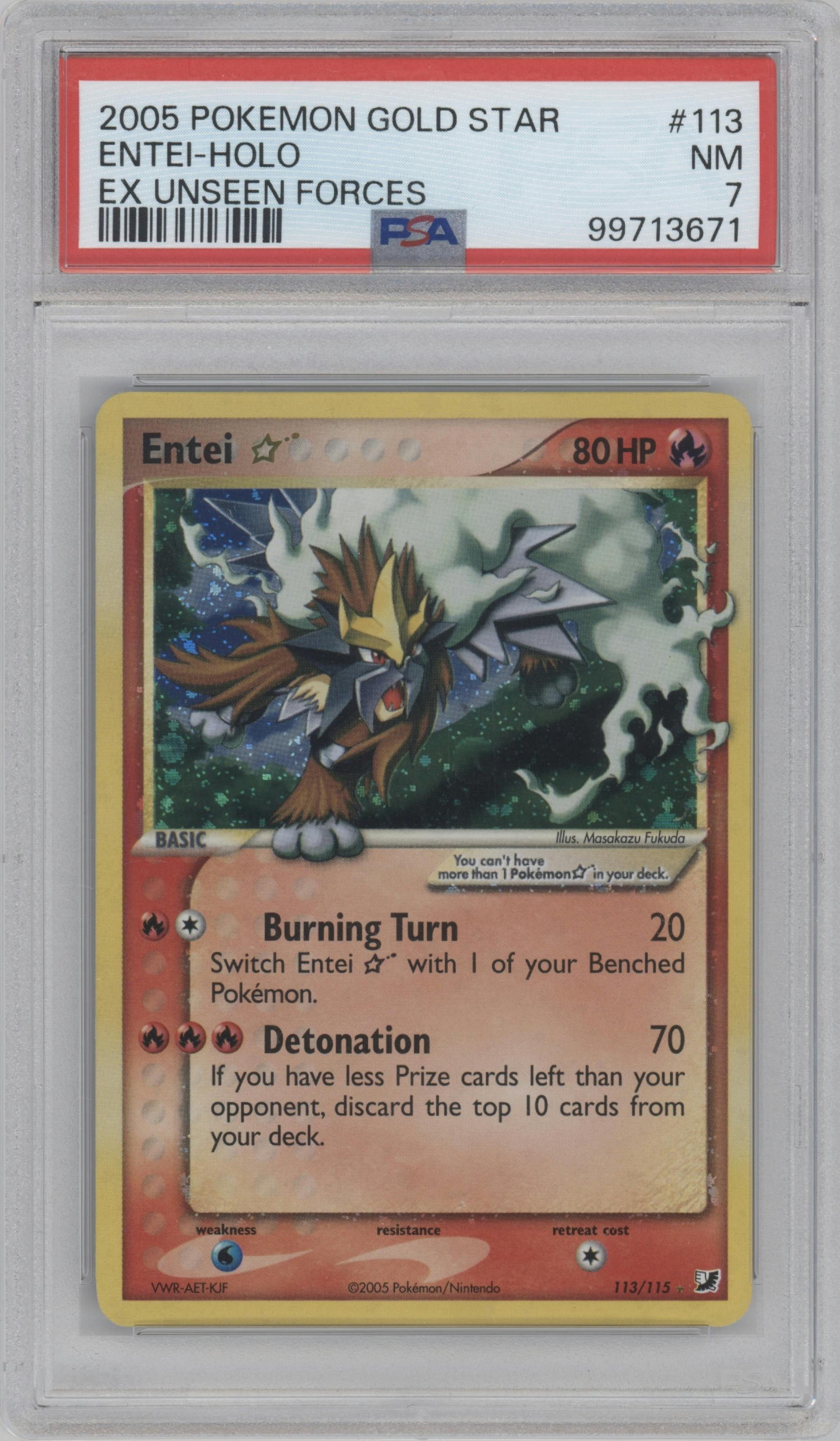 Entei Gold Star from the 2005 Pokemon EX set graded by PSA and given an overall grade of 7.