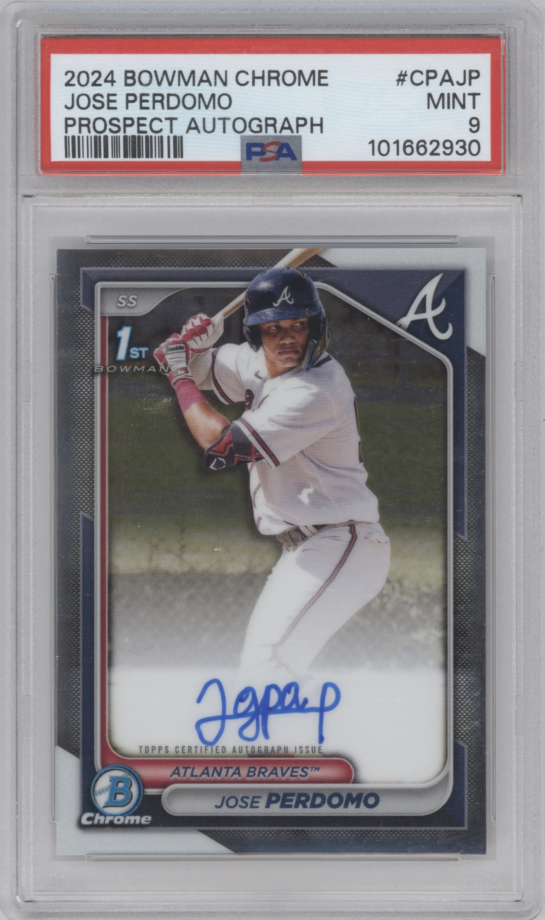 Jose Perdomo from the 2024 Bowman Chrome set graded by PSA and given an overall grade of 9.