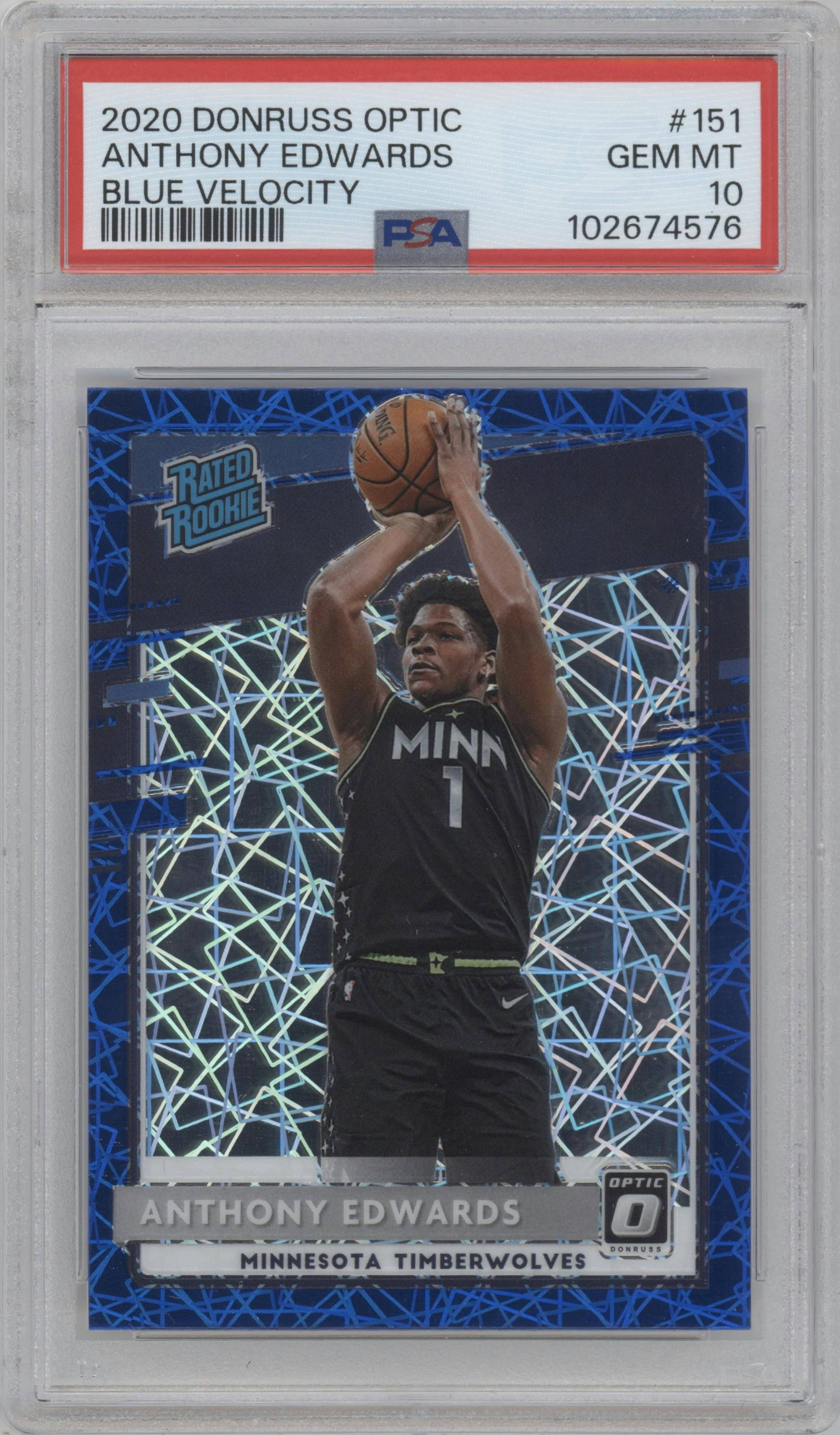 Anthony Edwards from the 2020-21 Panini Donruss Optic set featuring a Blue Velocity  parallel graded by PSA and given an overall grade of 10.