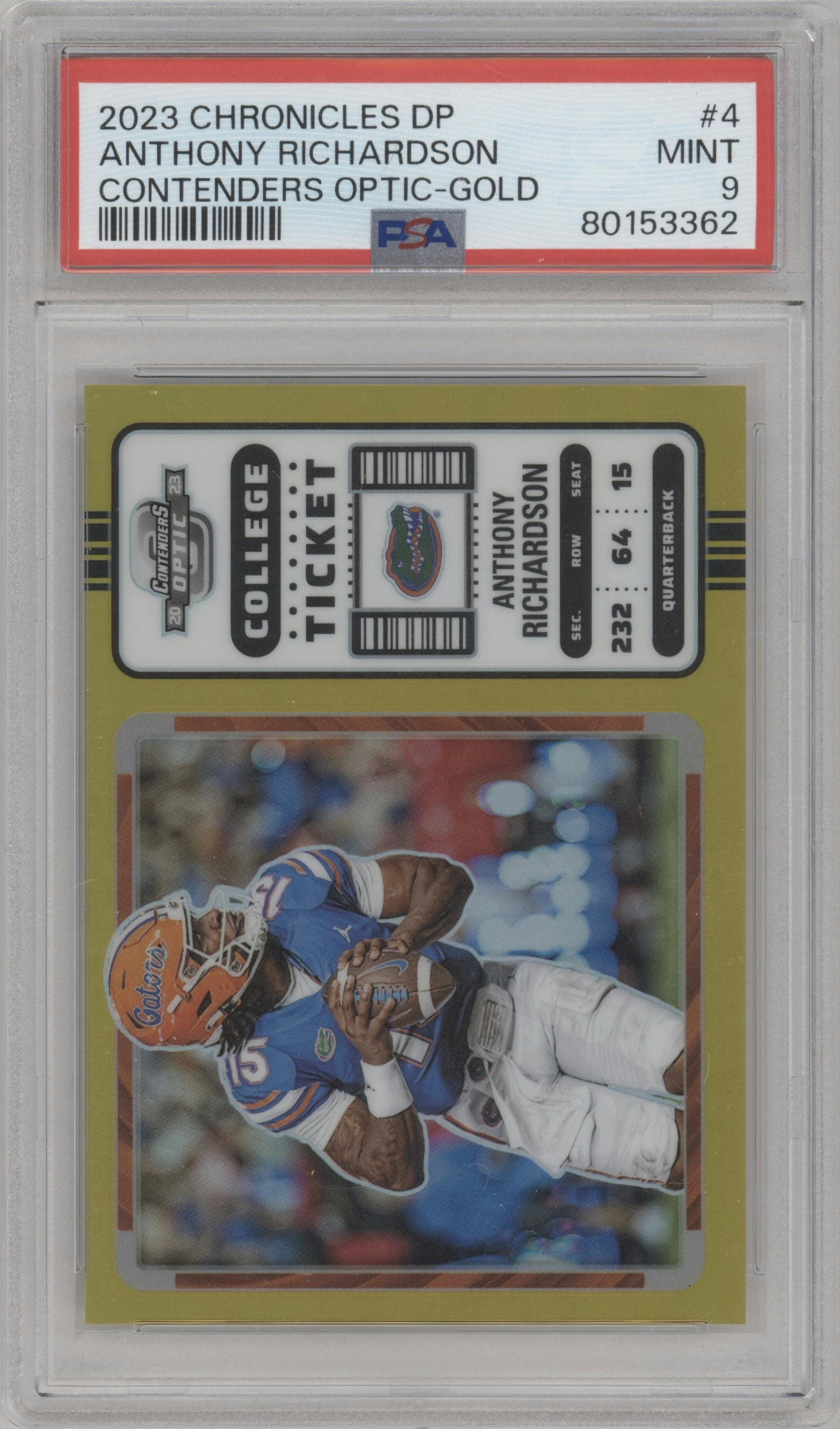 Anthony Richardson from the 2023 Panini Chronicles Draft Picks set featuring a Gold parallel graded by PSA and given an overall grade of 9.