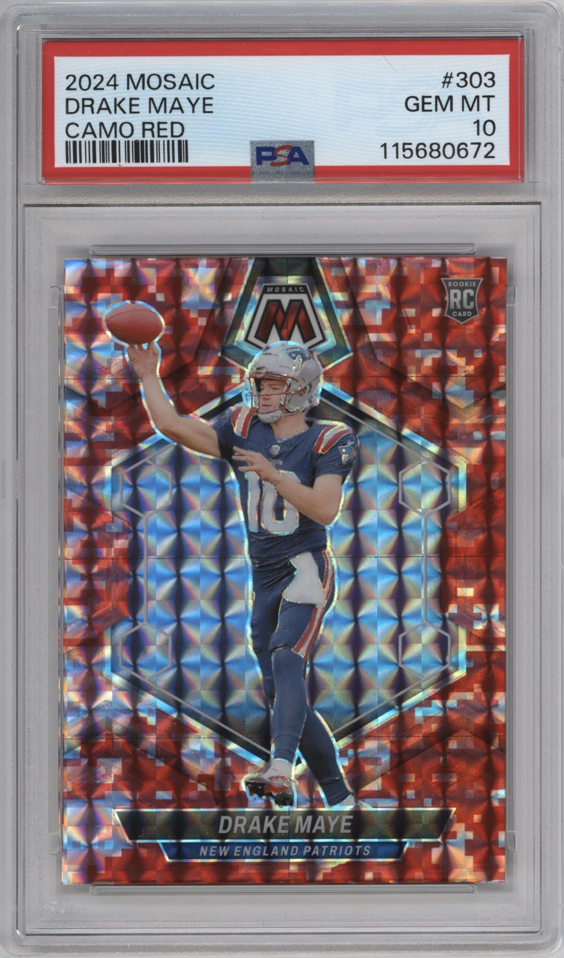 Drake Maye from the 2024 Panini Mosaic set featuring a Red Camo parallel graded by PSA and given an overall grade of 10.