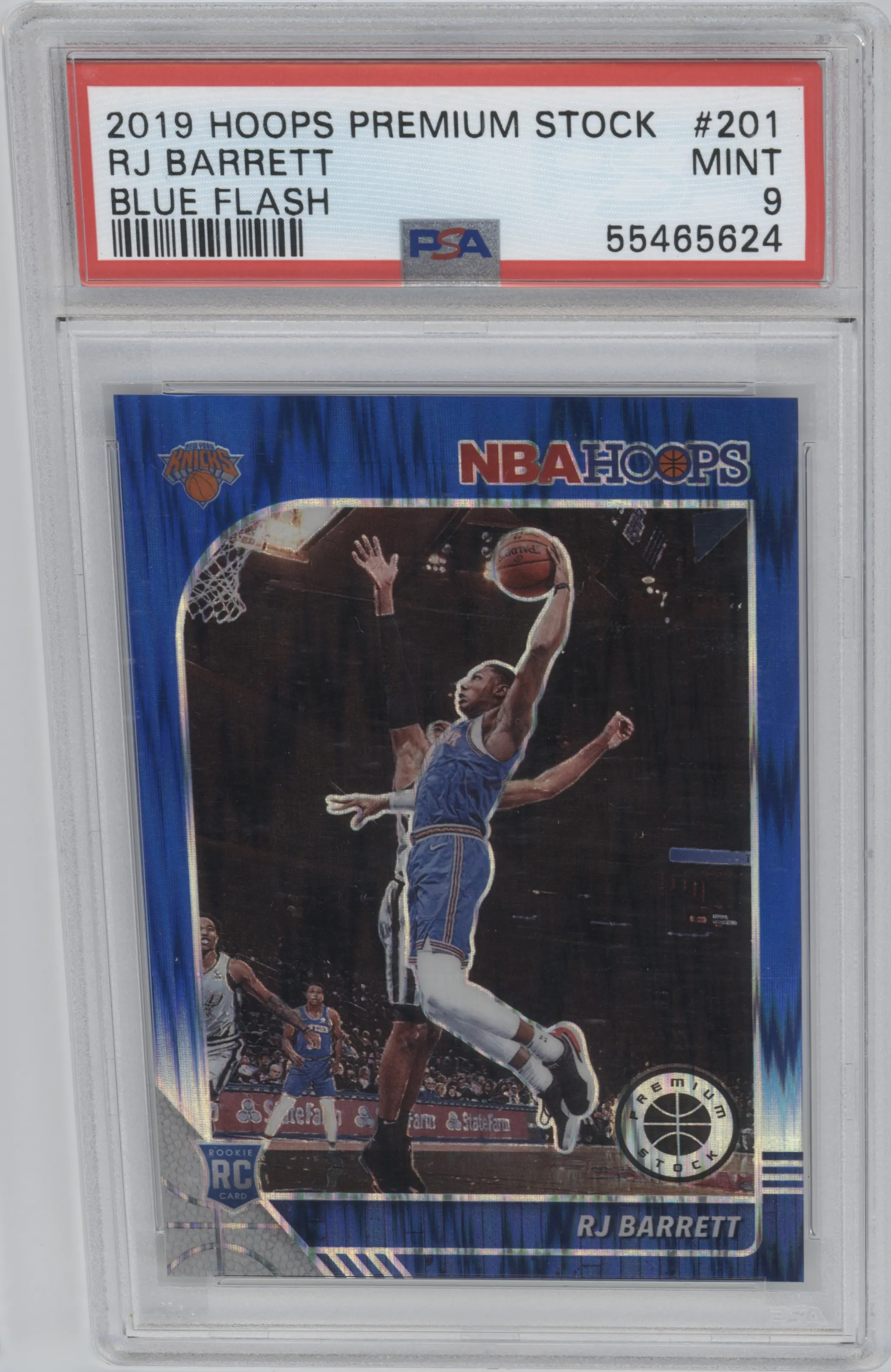 RJ Barrett from the 2019-20 Panini Hoops Premium Stock set featuring a Blue Flash parallel graded by PSA and given an overall grade of 9.