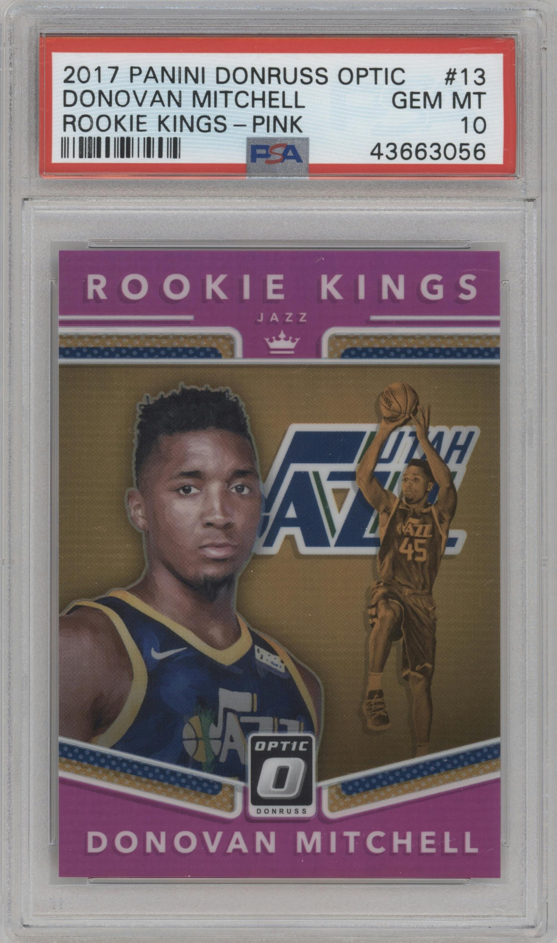 Donovan Mitchell from the 2017-18 Panini Donruss Optic set featuring a Pink parallel graded by PSA and given an overall grade of 10.