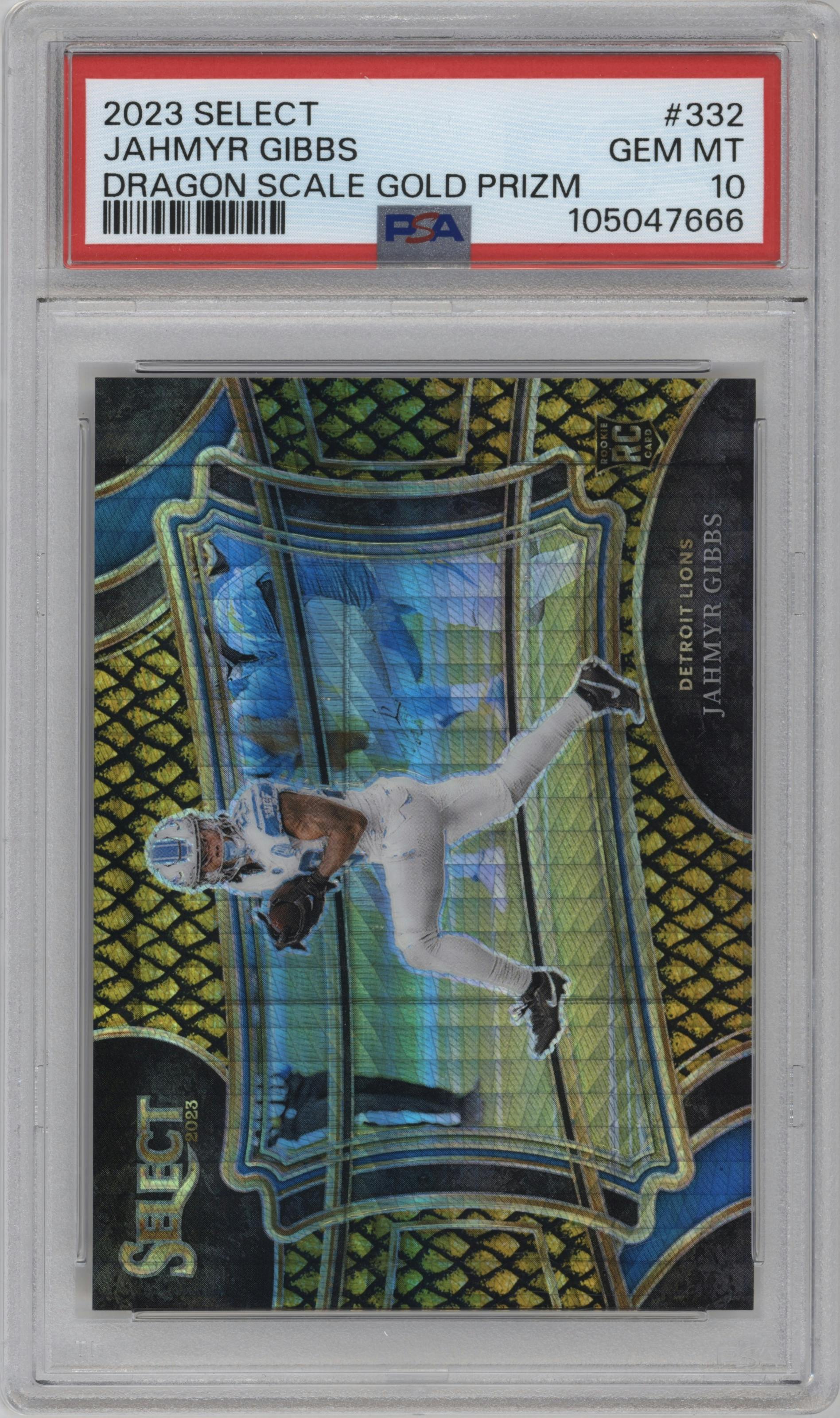 Jahmyr Gibbs from the 2023 Panini Select set featuring a Gold Dragon Scale parallel graded by PSA and given an overall grade of 10.