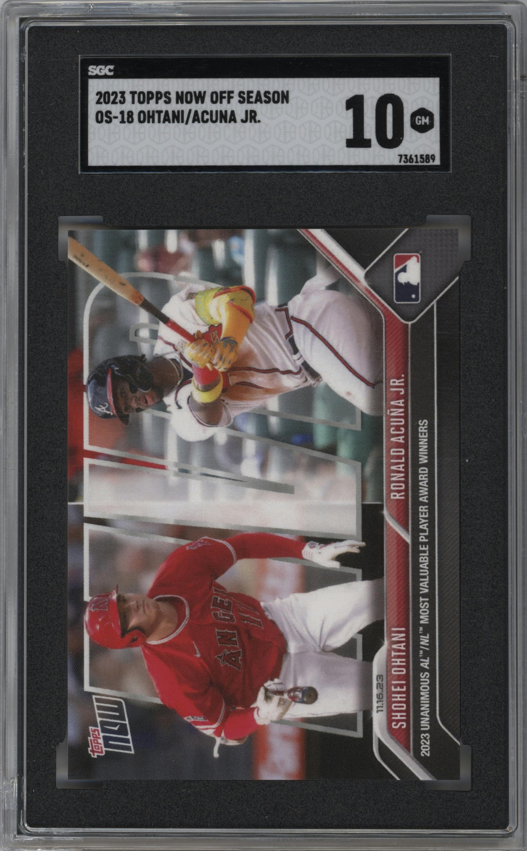 Shohei Ohtani/Ronald Acuna Jr. from the 2023-24 Topps Now Off-Season set graded by SGC and given an overall grade of 10.