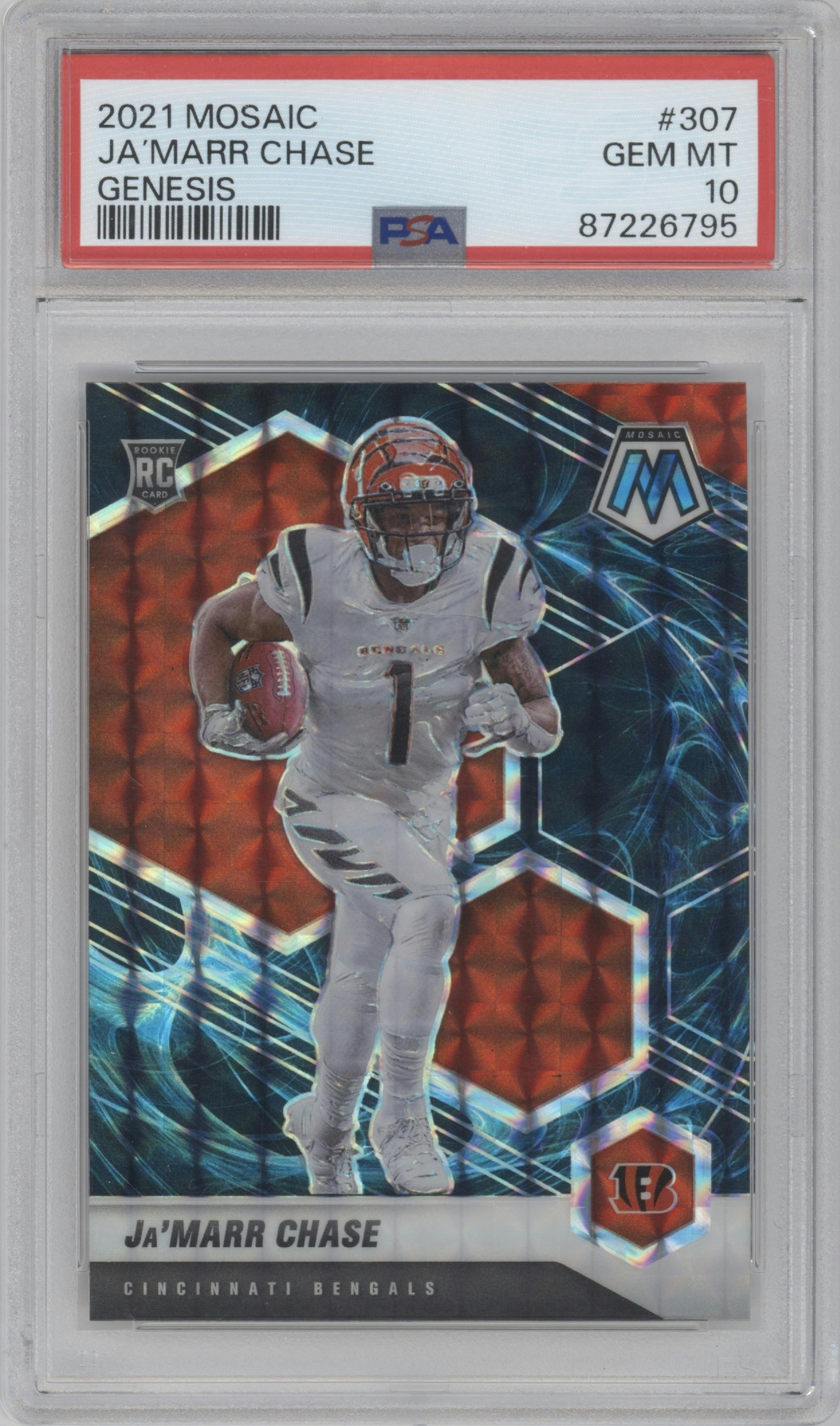 Ja'Marr Chase from the 2021 Panini Mosaic set featuring a Genesis parallel graded by PSA and given an overall grade of 10.