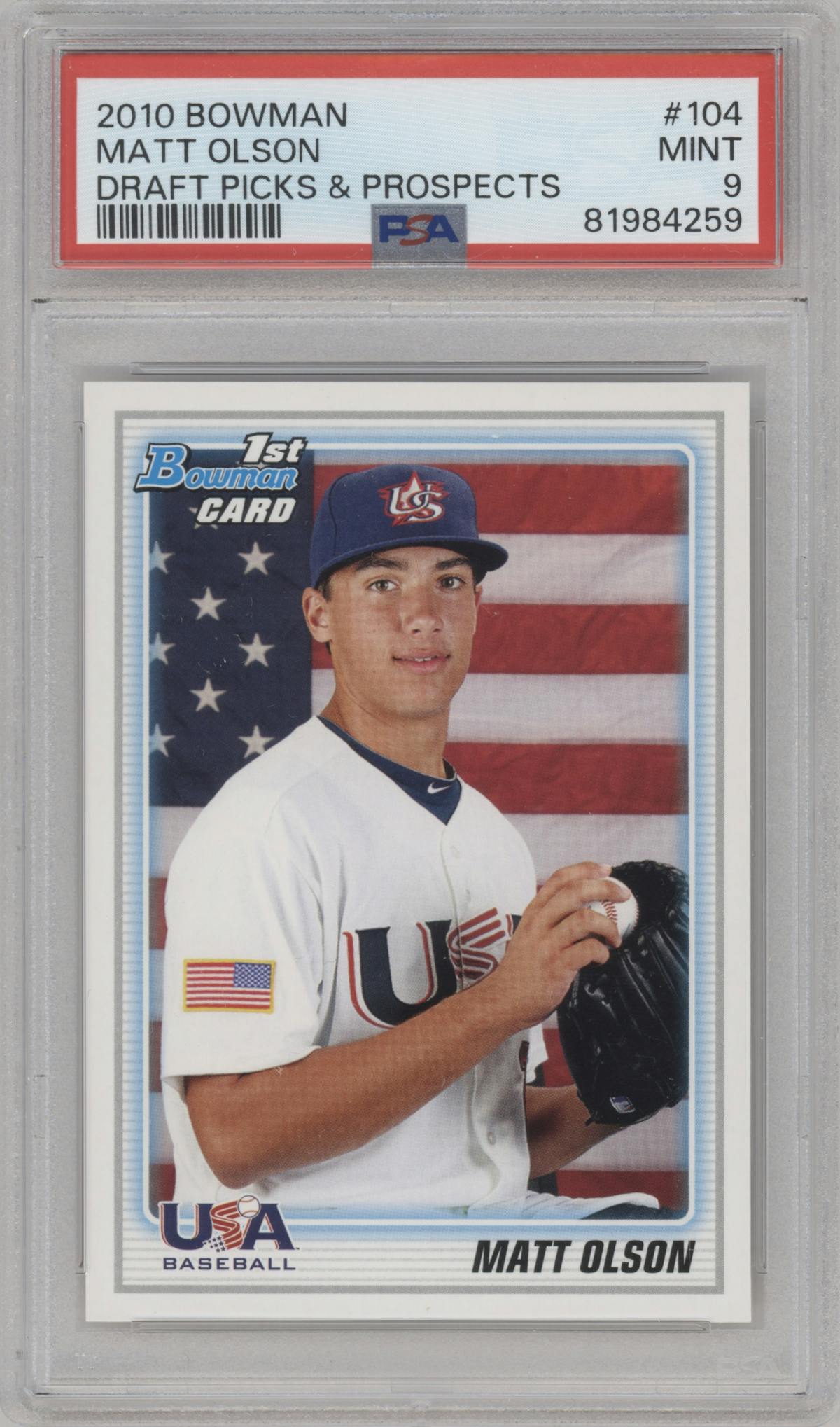 Matt Olson from the 2010 Bowman Draft Picks & Prospects set graded by PSA and given an overall grade of 9.