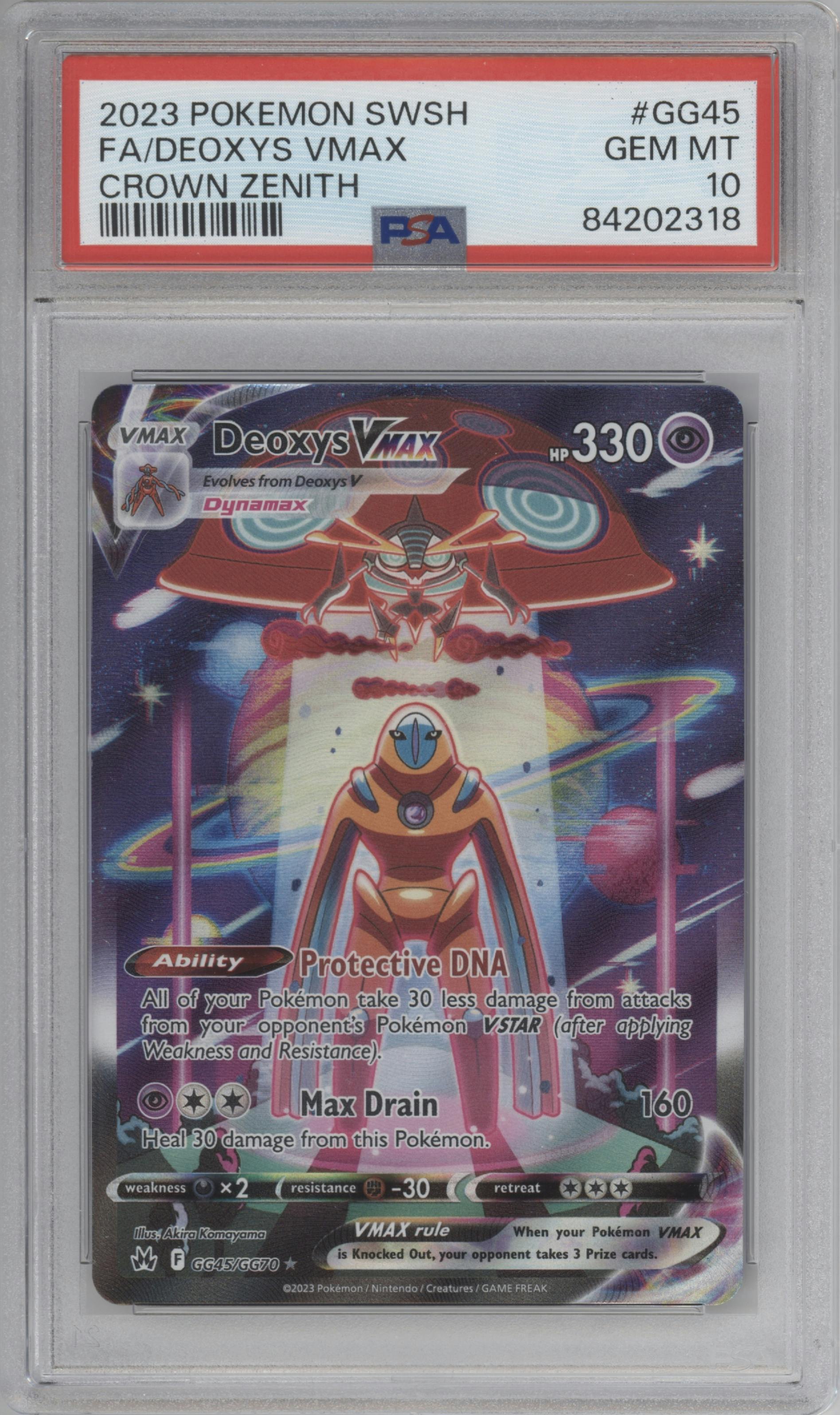 Deoxys VMAX from the 2023 Pokemon SWSH set graded by PSA and given an overall grade of 10.