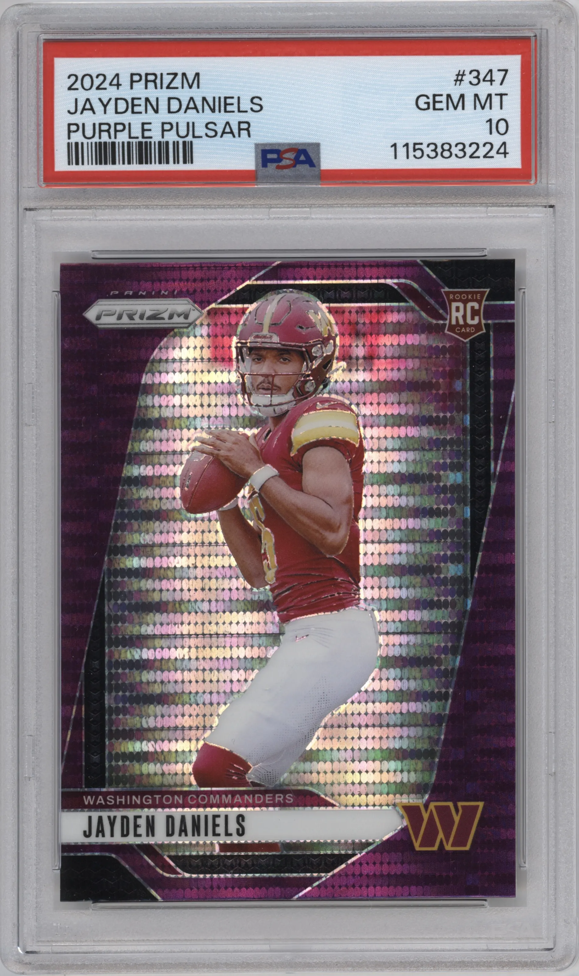 Jayden Daniels from the 2024 Panini Prizm set featuring a Purple Pulsar parallel graded by PSA and given an overall grade of 10.