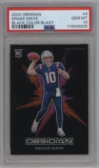 Drake Maye from the 2024 Panini Obsidian set graded by PSA and given an overall grade of 10.