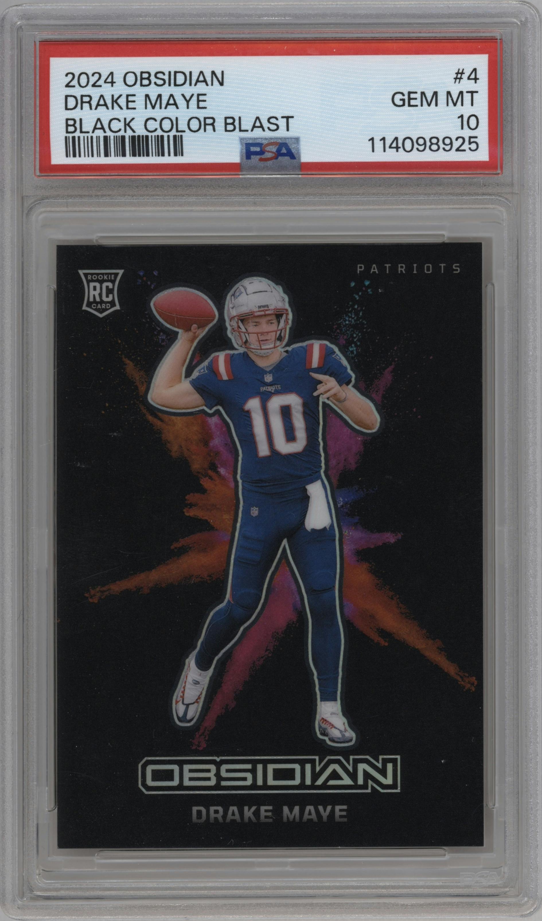 Drake Maye from the 2024 Panini Obsidian set graded by PSA and given an overall grade of 10.