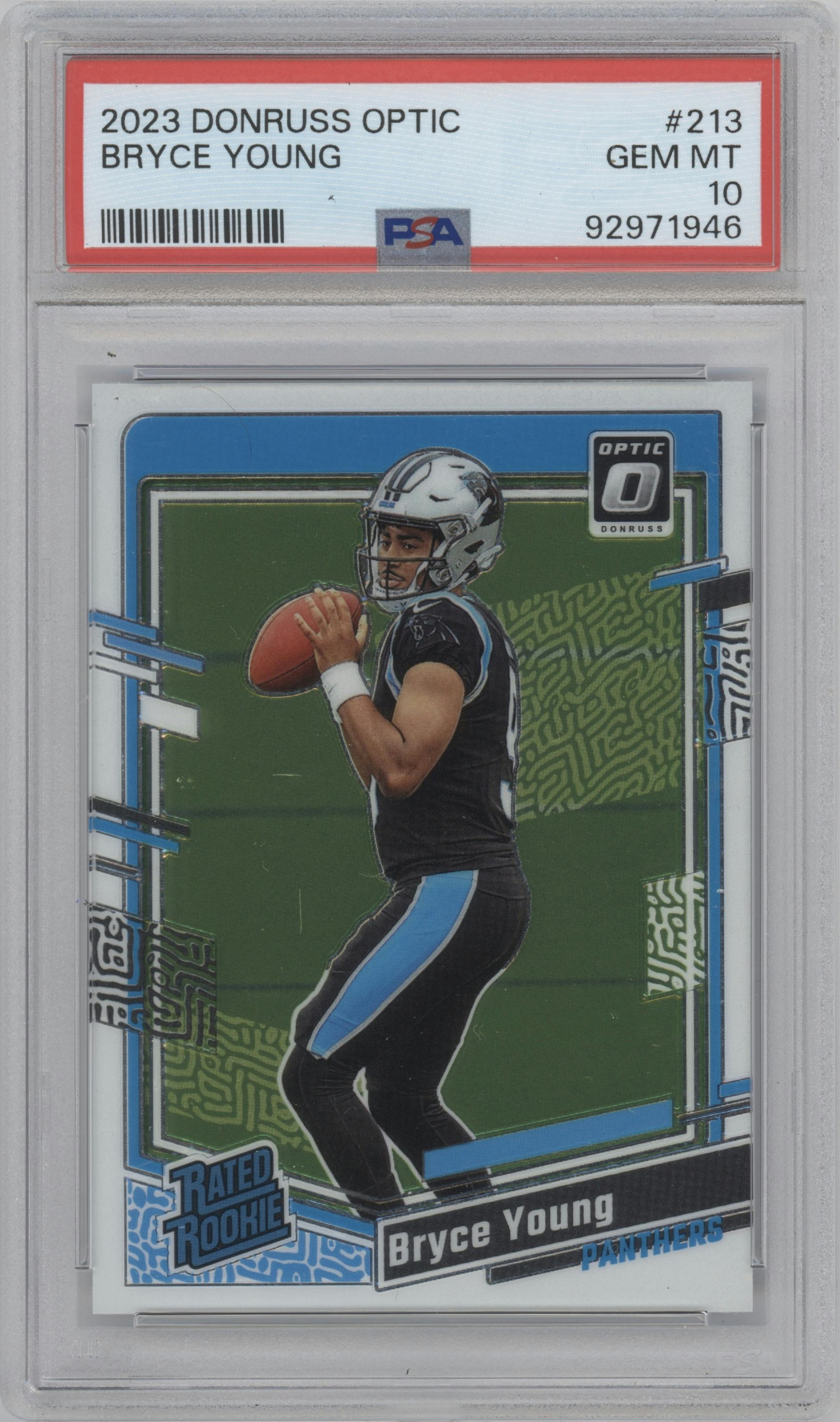Bryce Young from the 2023 Donruss Optic set graded by PSA and given an overall grade of 10.