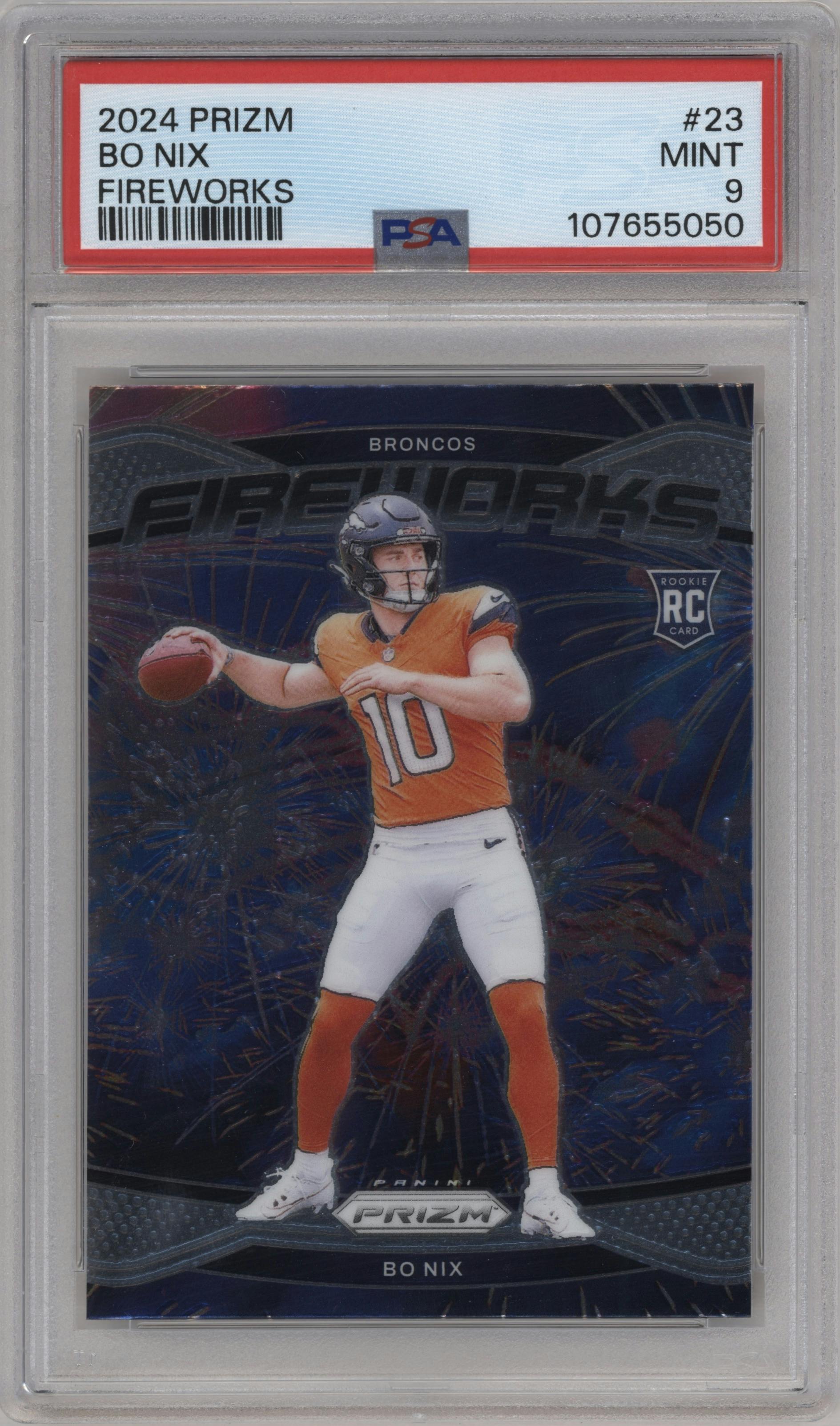 Bo Nix from the 2024 Panini Prizm set graded by PSA and given an overall grade of 9.