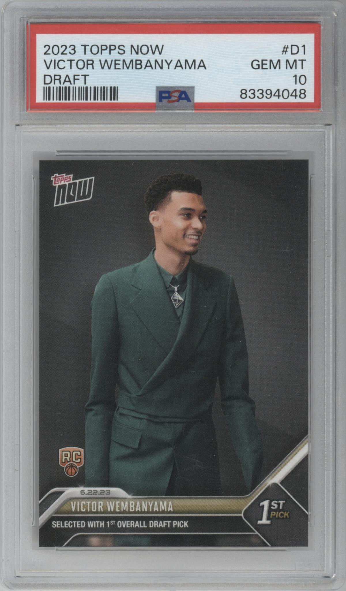 Victor Wembanyama from the 2023 Topps Now
 set graded by PSA and given an overall grade of 10.