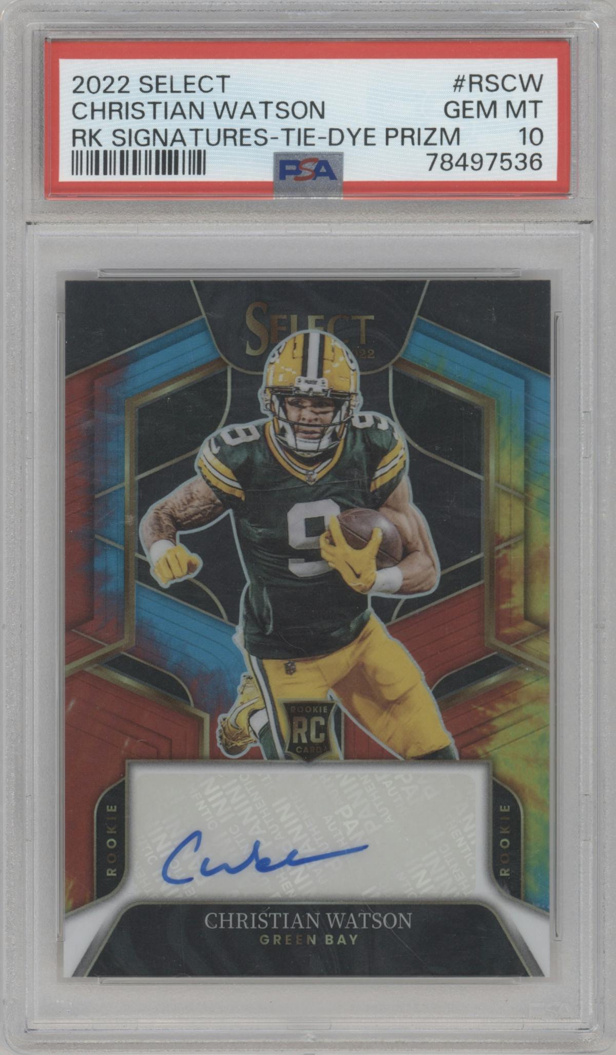 Christian Watson from the 2022 Panini Select set featuring a Tie-Dye parallel graded by PSA and given an overall grade of 10.