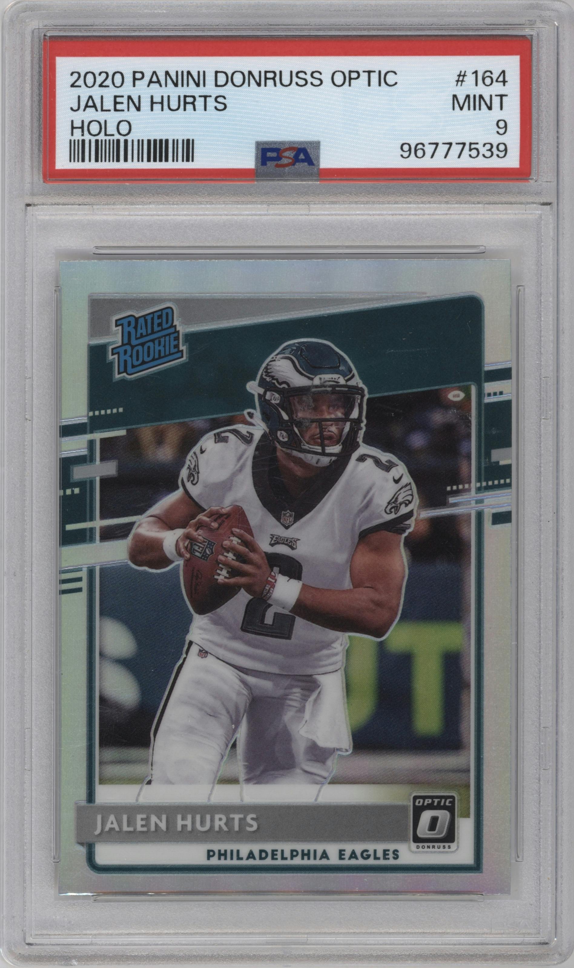 Jalen Hurts from the 2020 Panini Donruss Optic set featuring a Holo parallel graded by PSA and given an overall grade of 9.