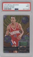 Allen Iverson from the 1997-98 Metal Universe set featuring a Silver parallel graded by PSA and given an overall grade of 9.