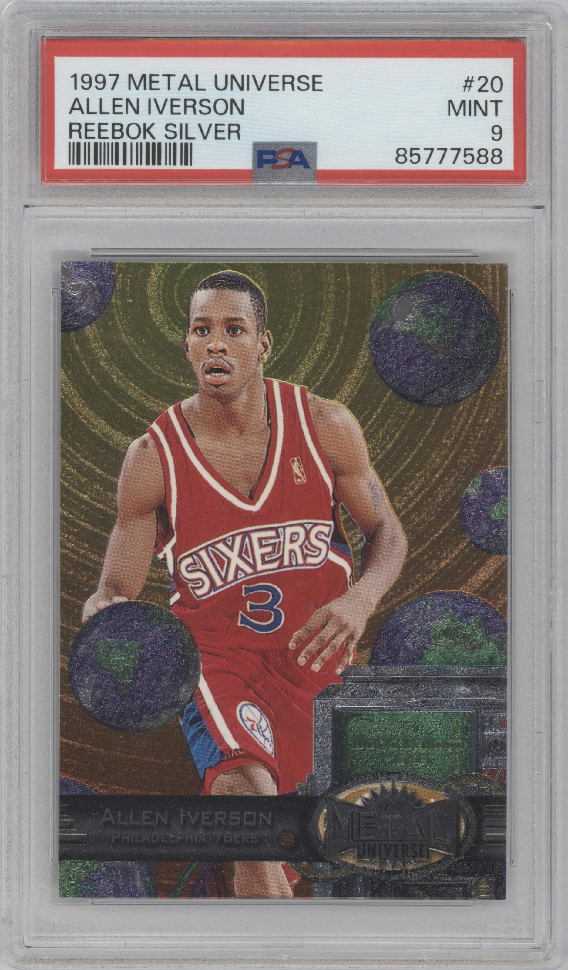 Allen Iverson from the 1997-98 Metal Universe set featuring a Silver parallel graded by PSA and given an overall grade of 9.