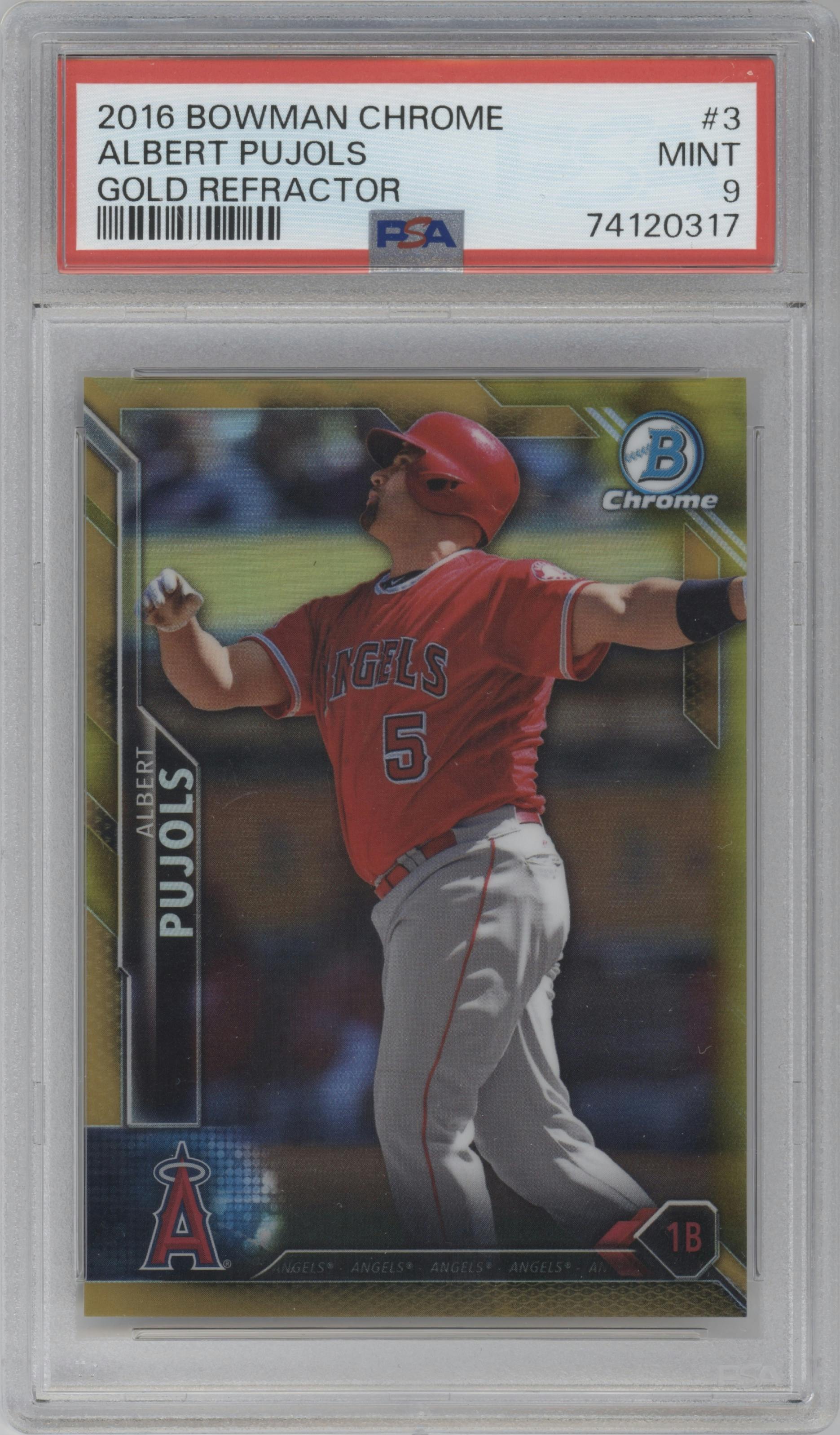 Albert Pujols from the 2016 Bowman Chrome set featuring a Gold Refractor parallel graded by PSA and given an overall grade of 9.