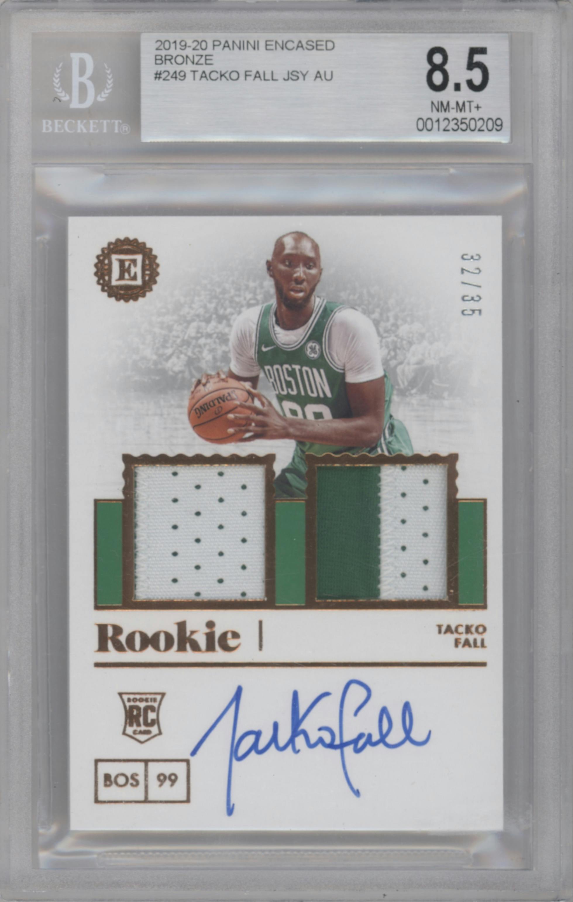 Tacko Fall from the 2019-20 Panini Encased set featuring a Bronze FOTL parallel graded by Beckett and given an overall grade of 8.5.