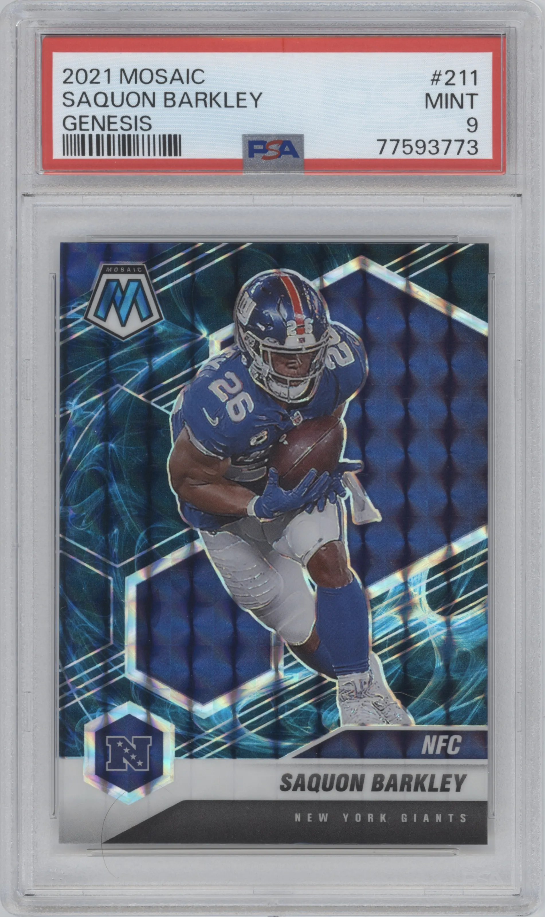 Saquon Barkley from the 2021 Panini Mosaic set featuring a Genesis parallel graded by PSA and given an overall grade of 9.