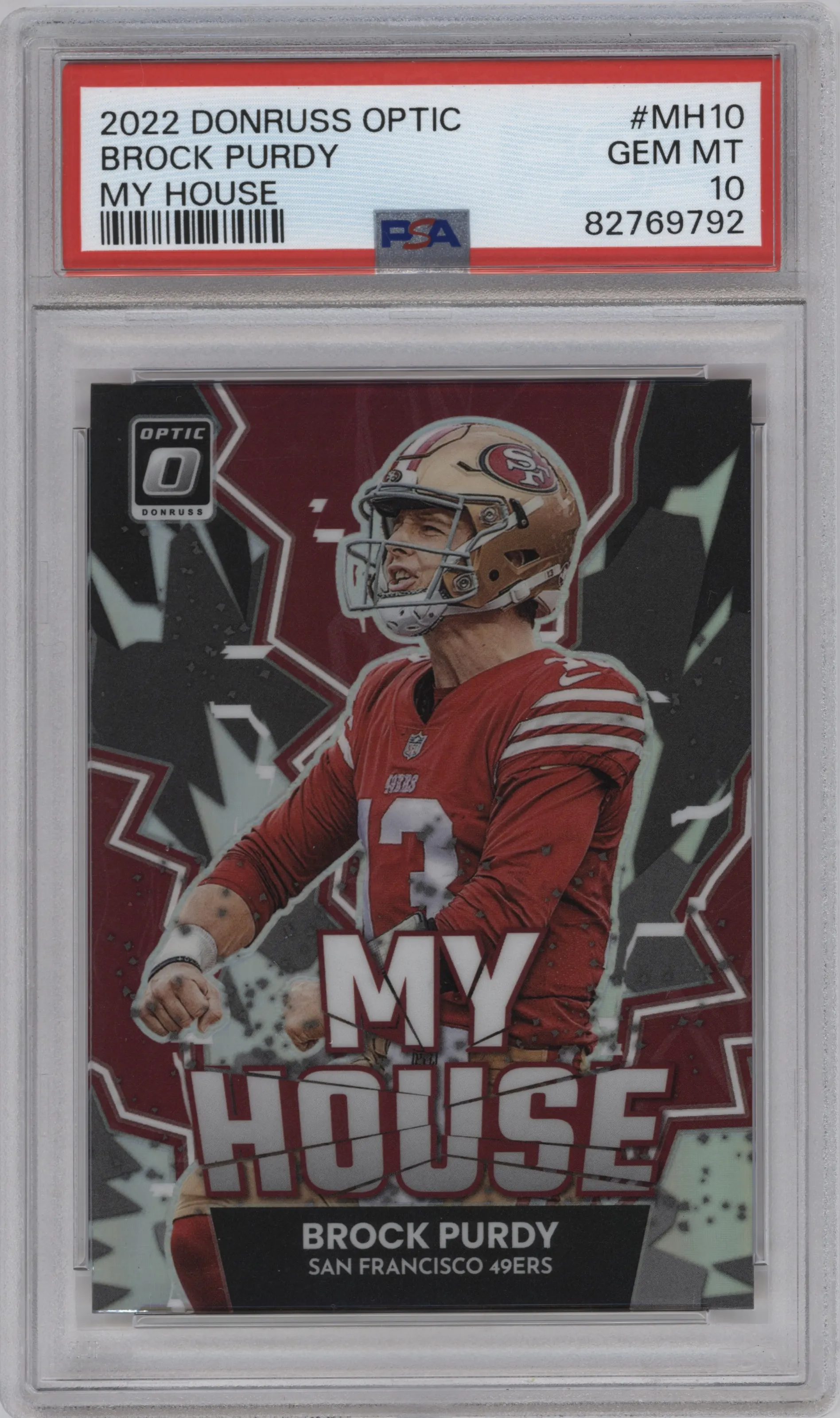 Brock Purdy from the 2022 Panini Donruss Optic set graded by PSA and given an overall grade of 10.