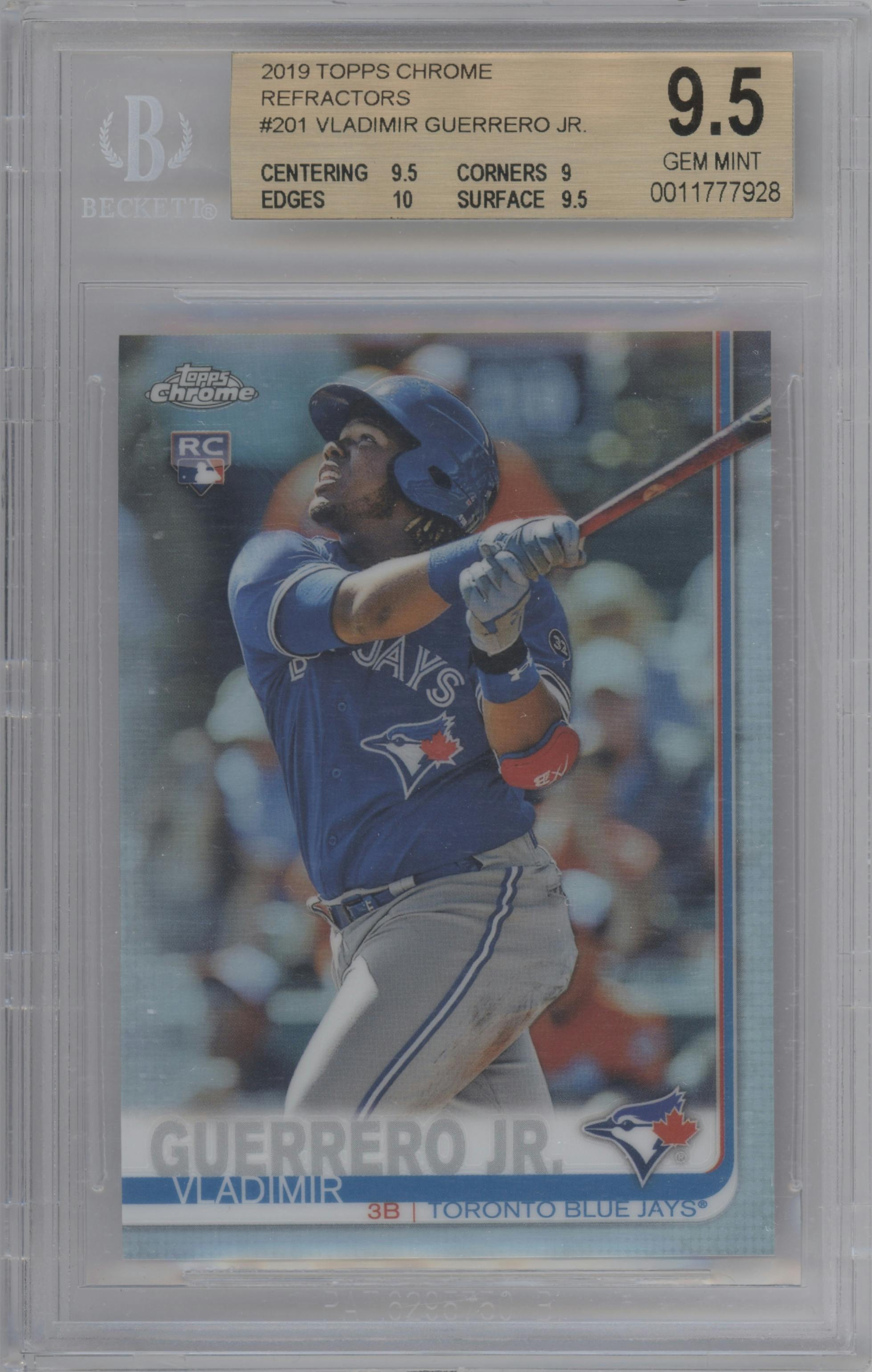 Vladimir Guerrero Jr. from the 2019 Topps Chrome set featuring a Refractor parallel graded by Beckett and given an overall grade of 9.5.