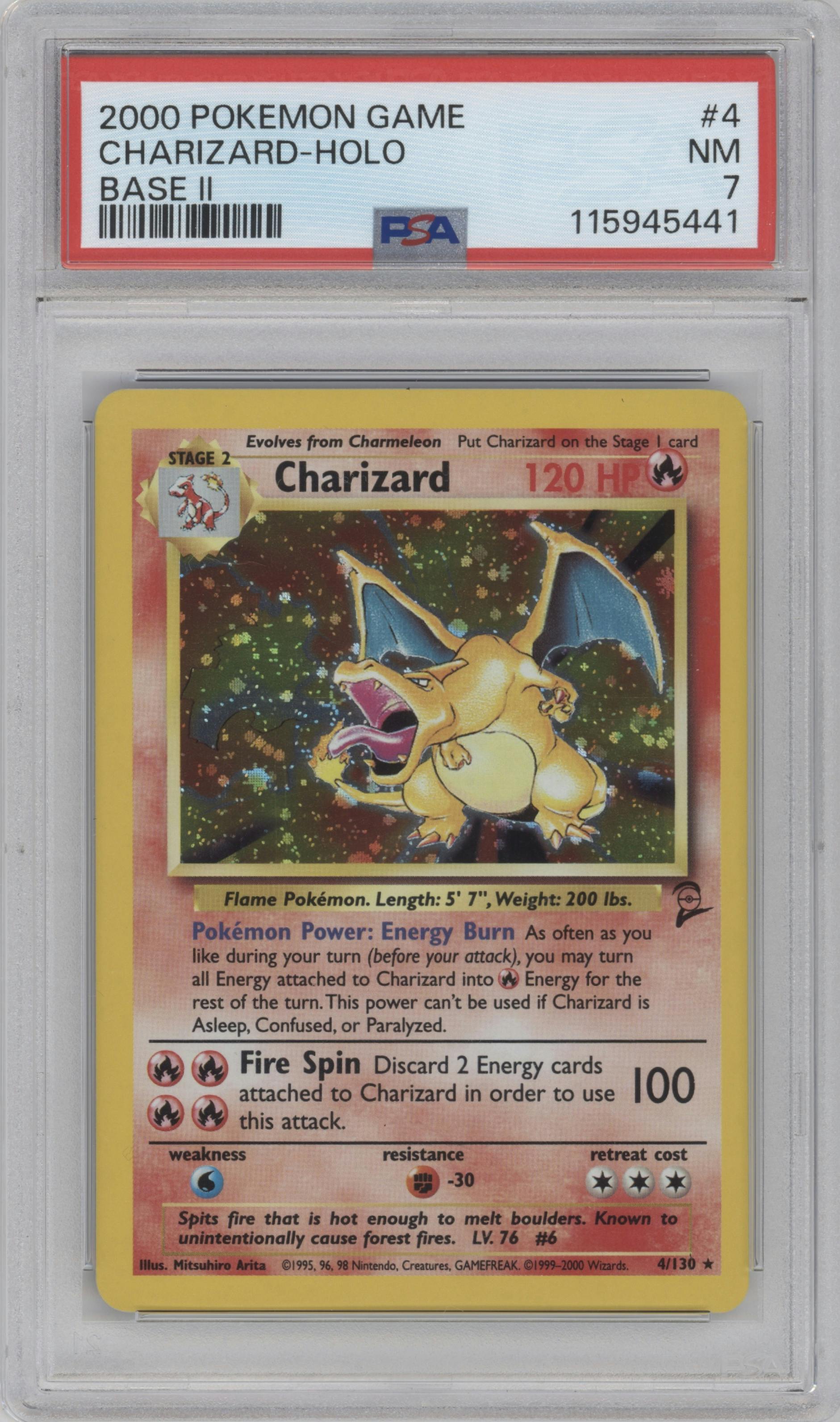 Charizard from the 2000 Pokemon set graded by PSA and given an overall grade of 7.