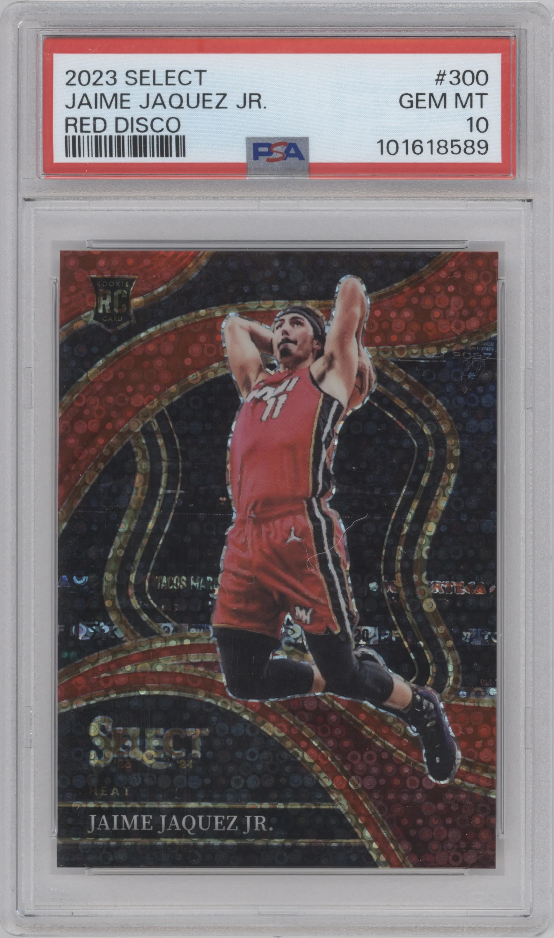 Jaime Jaquez Jr. from the 2023-24 Panini Select  set featuring a Red Disco Prizm parallel graded by PSA and given an overall grade of 10.