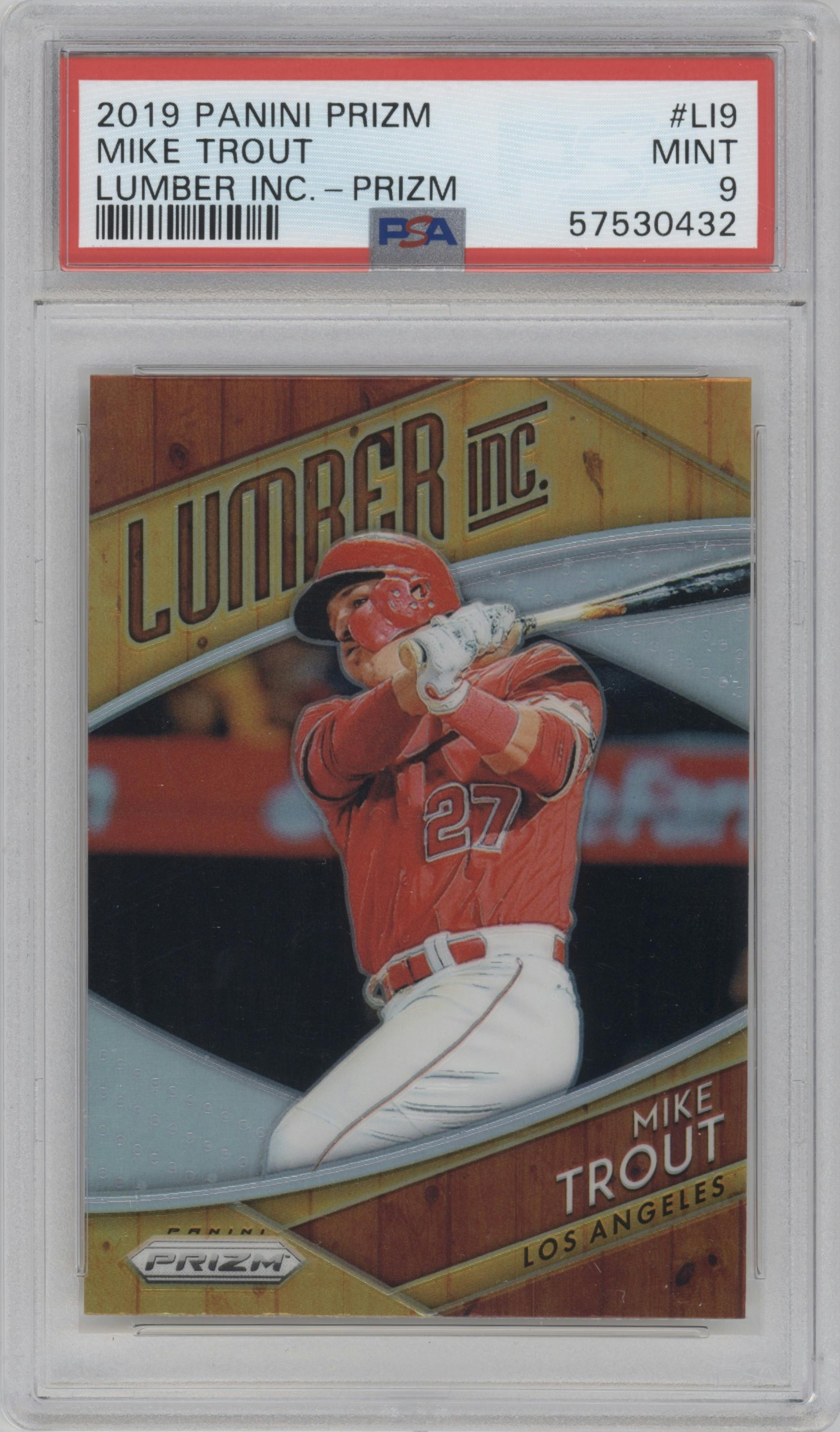 Mike Trout from the 2019 Panini Prizm set featuring a Prizm parallel graded by PSA and given an overall grade of 9.