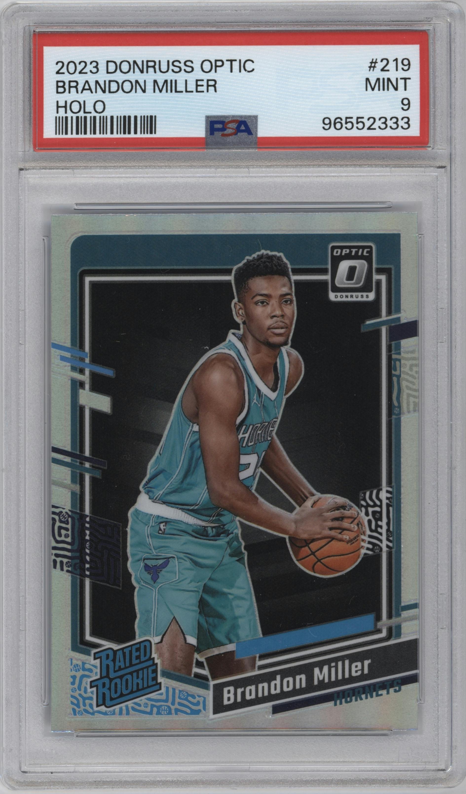 Brandon Miller from the 2023-24 Donruss Optic set featuring a Holo parallel graded by PSA and given an overall grade of 9.