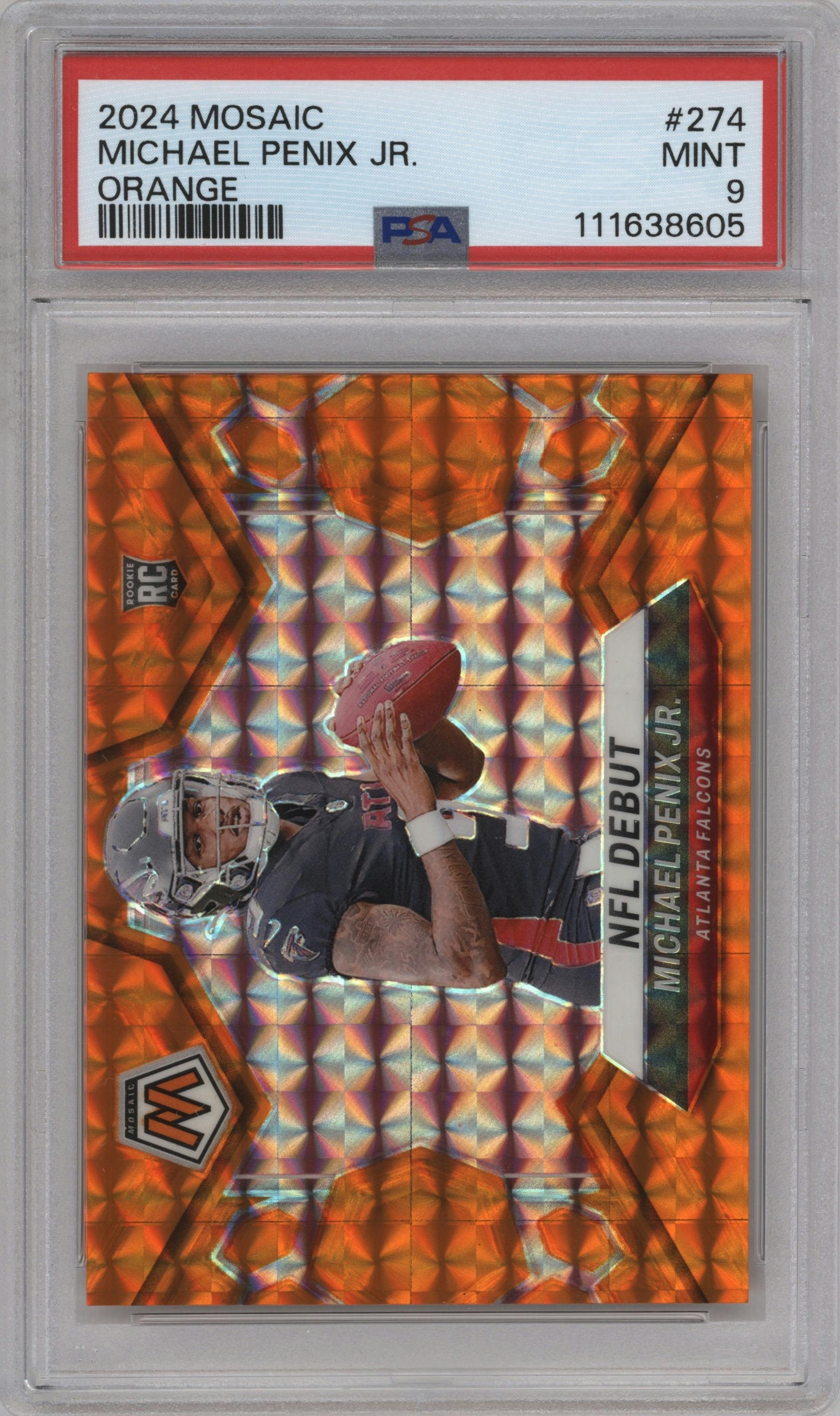 Michael Penix Jr. from the 2024 Panini Mosaic set featuring a Orange parallel graded by PSA and given an overall grade of 9.