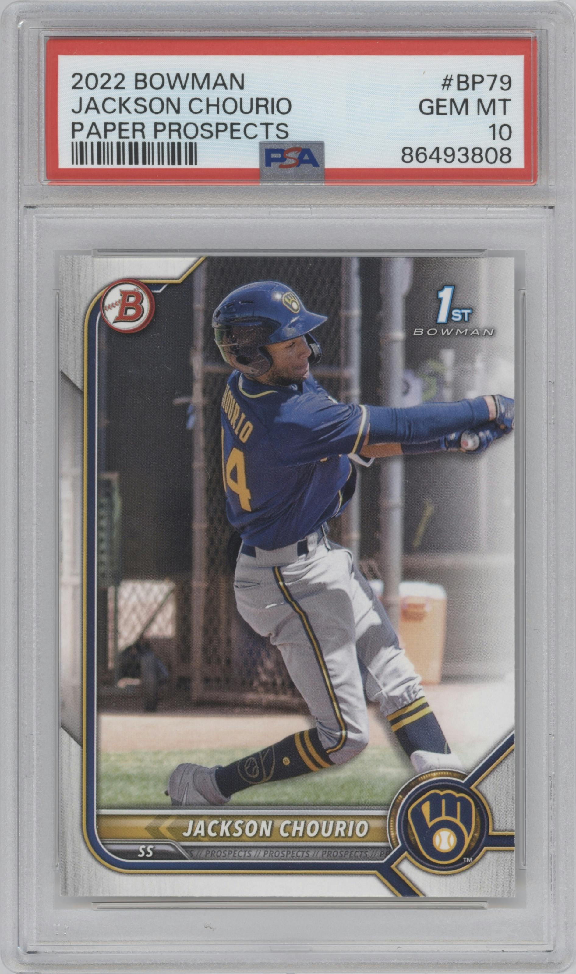 Jackson Chourio from the 2022 Bowman set graded by PSA and given an overall grade of 10.