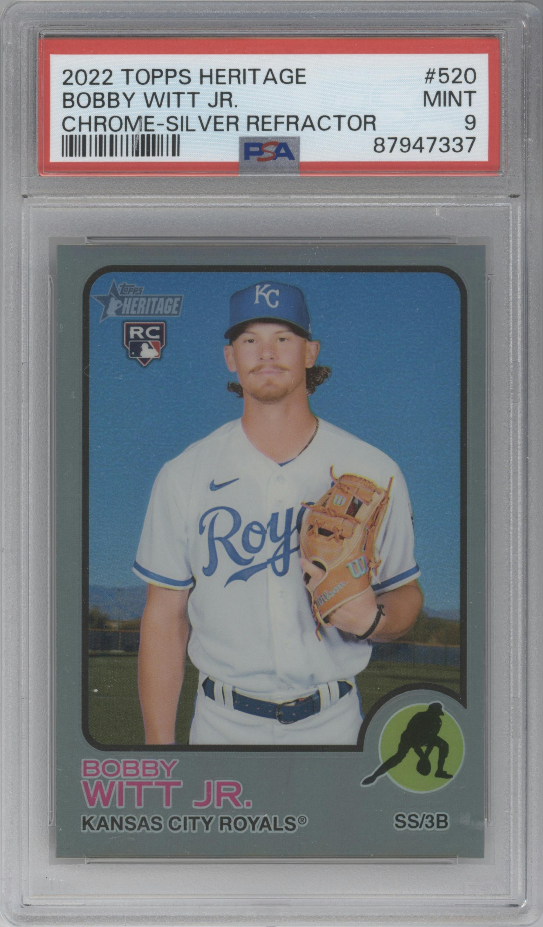 Bobby Witt Jr. from the 2022 Topps Heritage High Number set featuring a Silver Border Refractor parallel graded by PSA and given an overall grade of 9.