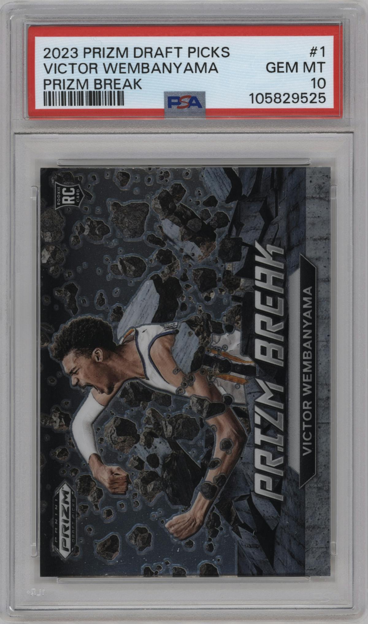 Victor Wembanyama from the 2023-24 Panini Prizm Draft Picks set graded by PSA and given an overall grade of 10.