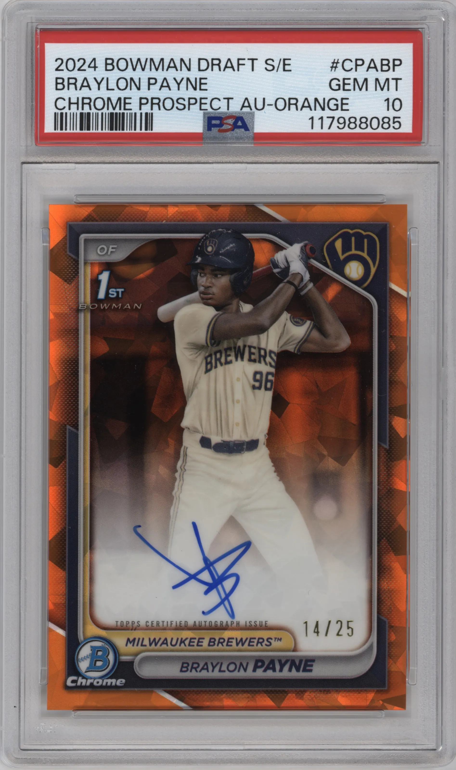 Braylon Payne from the 2024 Bowman Draft Sapphire Edition set featuring a Orange parallel graded by PSA and given an overall grade of 10.