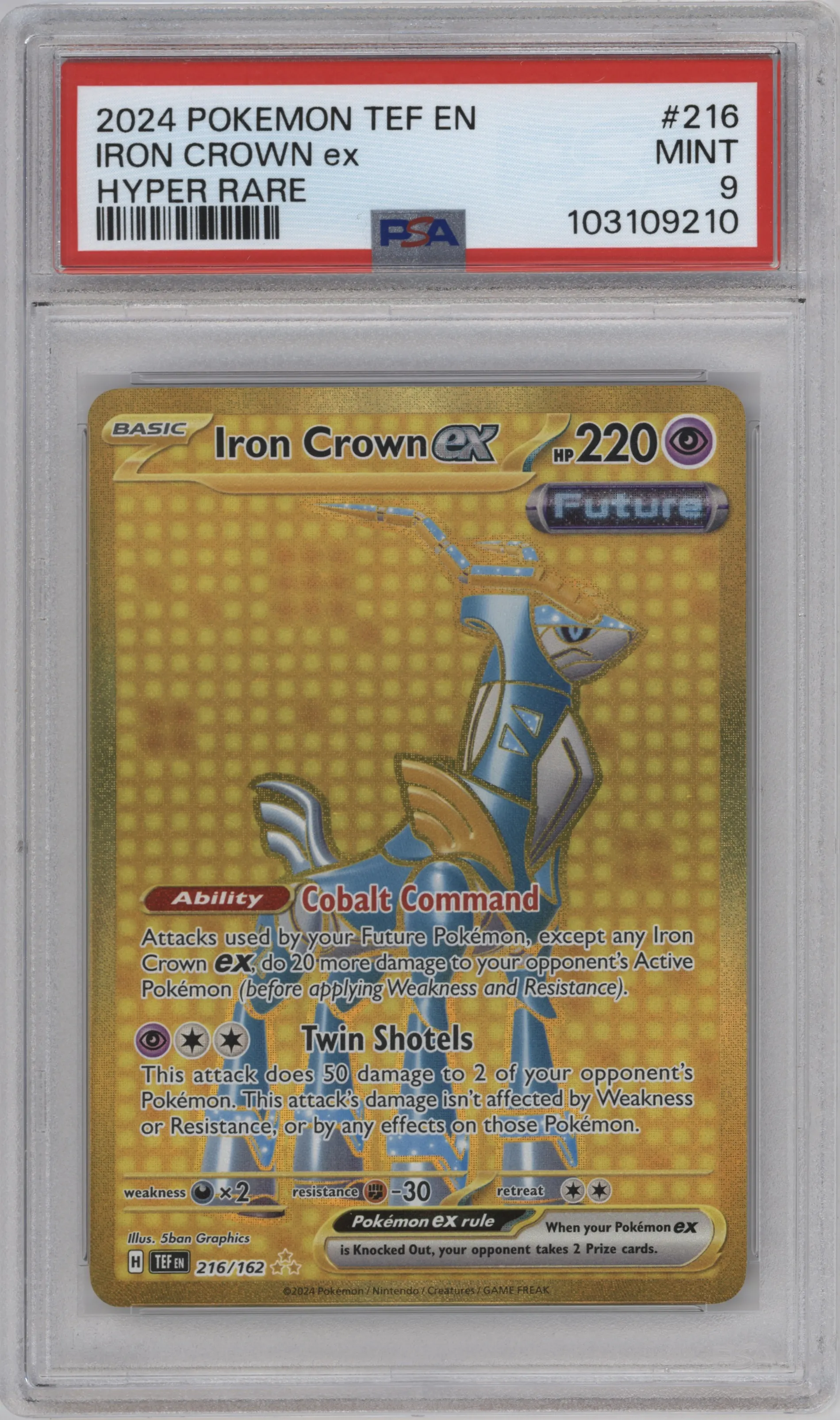 Iron Crown ex from the 2024 Pokemon SV set graded by PSA and given an overall grade of 9.