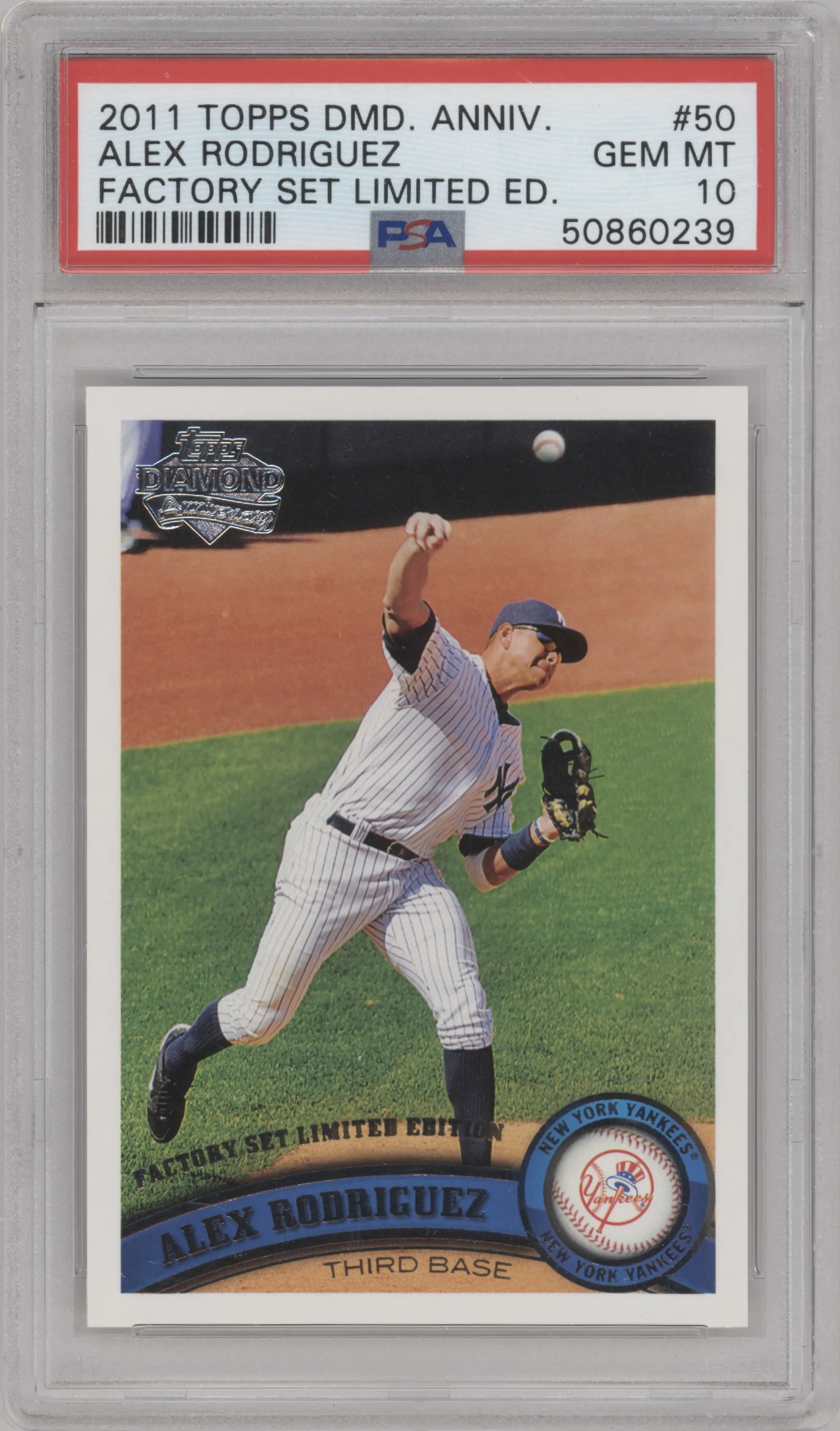 Alex Rodriguez from the 2011 Topps set featuring a Factory Set Limited Edition parallel graded by PSA and given an overall grade of 10.