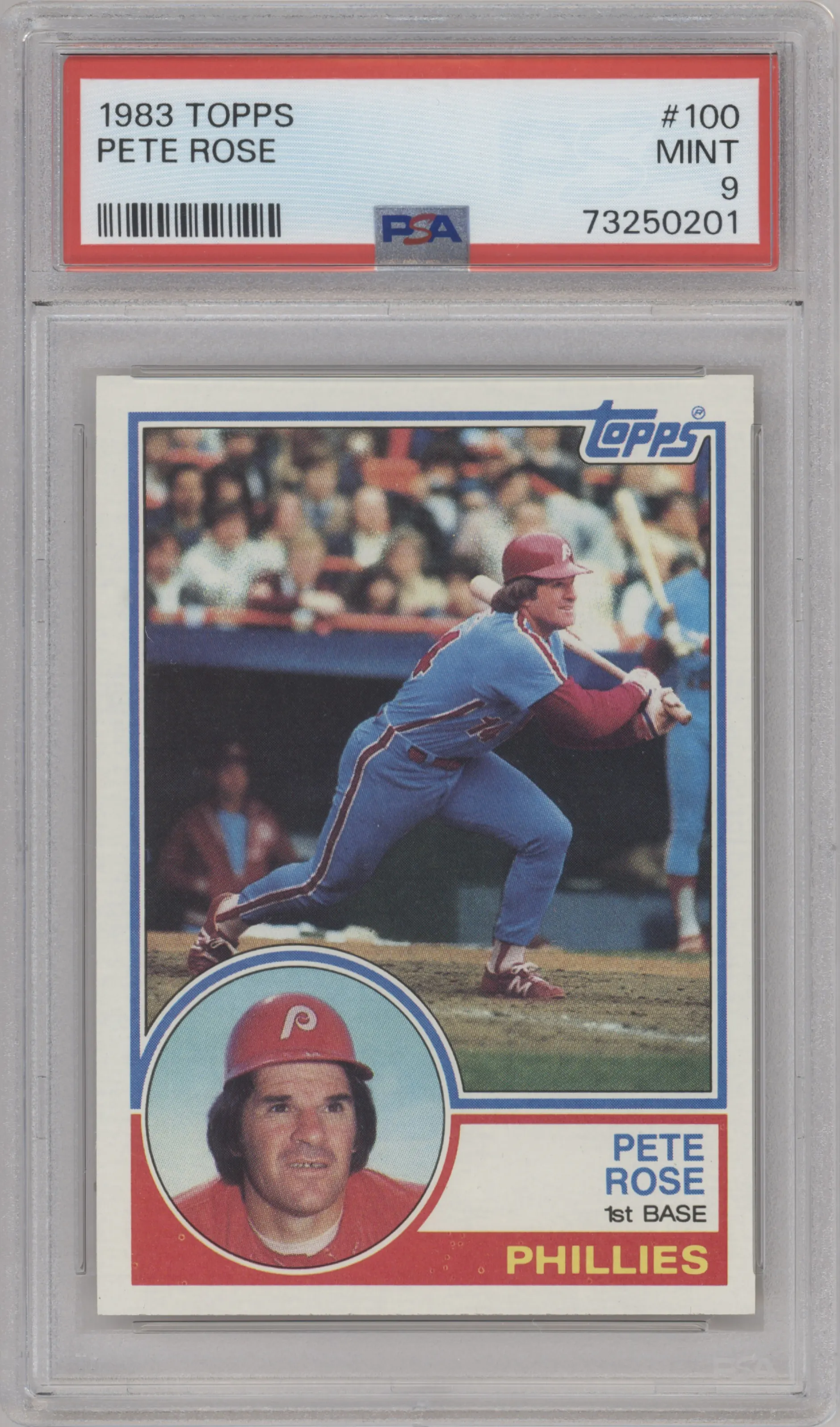 Pete Rose from the 1983 Topps set graded by PSA and given an overall grade of 9.