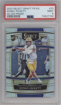 Kenny Pickett from the 2022 Panini Select Draft Picks set featuring a Silver Prizm parallel graded by PSA and given an overall grade of 9.