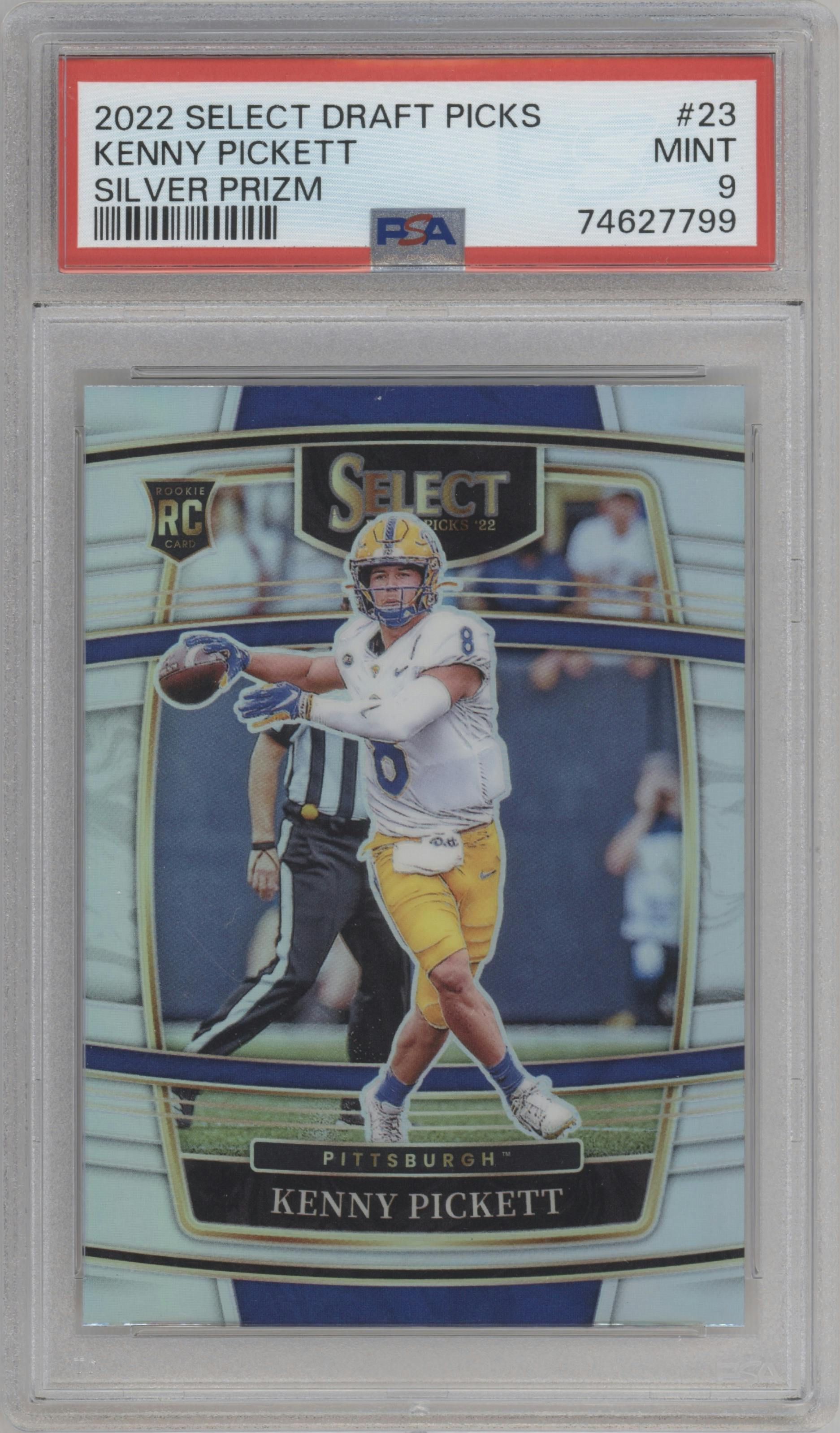 Kenny Pickett from the 2022 Panini Select Draft Picks set featuring a Silver Prizm parallel graded by PSA and given an overall grade of 9.