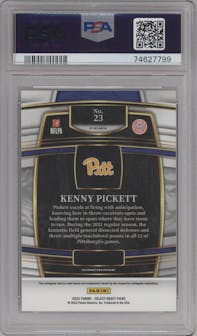 Kenny Pickett from the 2022 Panini Select Draft Picks set featuring a Silver Prizm parallel graded by PSA and given an overall grade of 9.