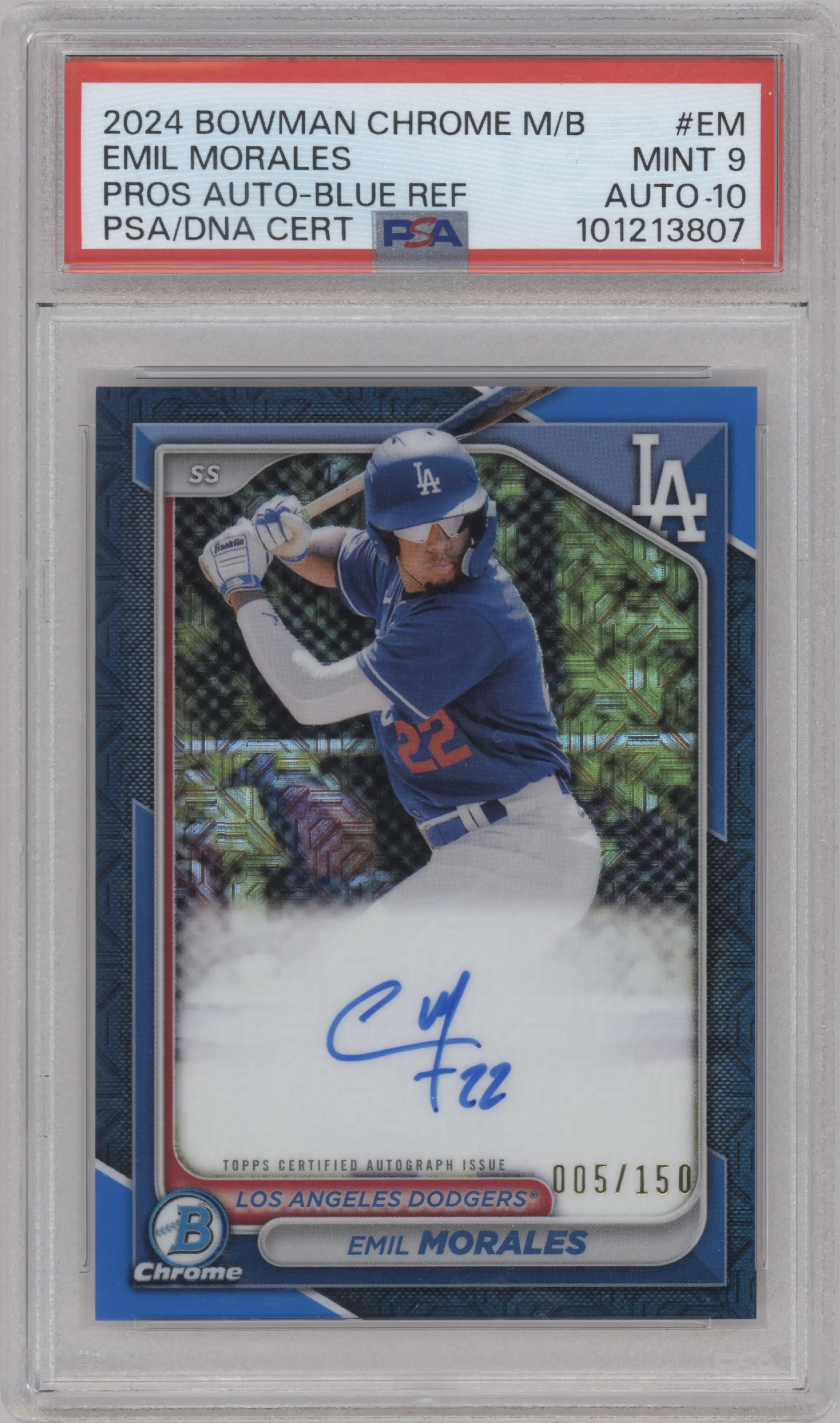 Emil Morales from the 2024 Bowman Chrome Mega Box set featuring a Blue Refractor parallel graded by PSA and given an overall grade of 9.