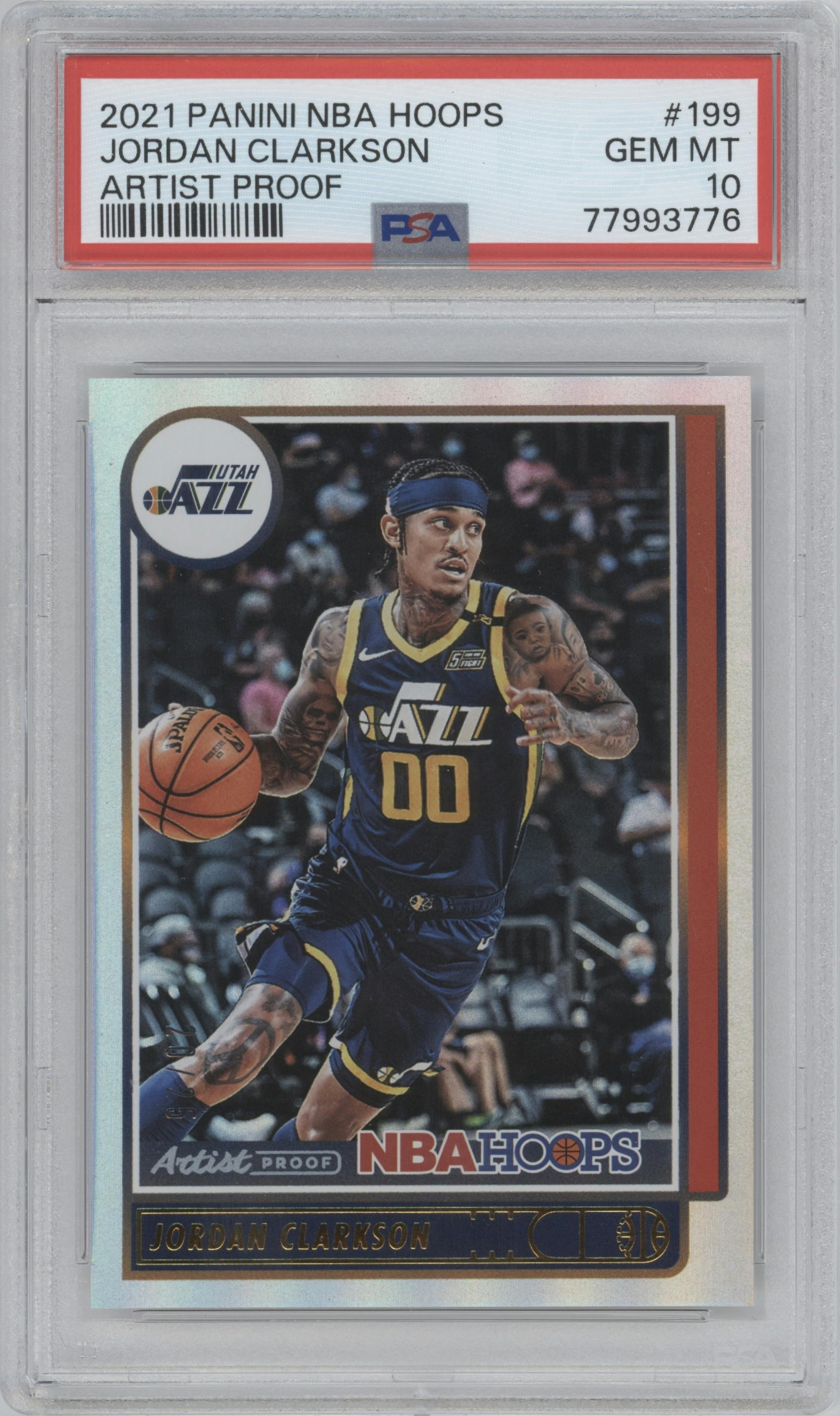 Jordan Clarkson from the 2021-22 Panini NBA Hoops set featuring a Artist Proof parallel graded by PSA and given an overall grade of 10.