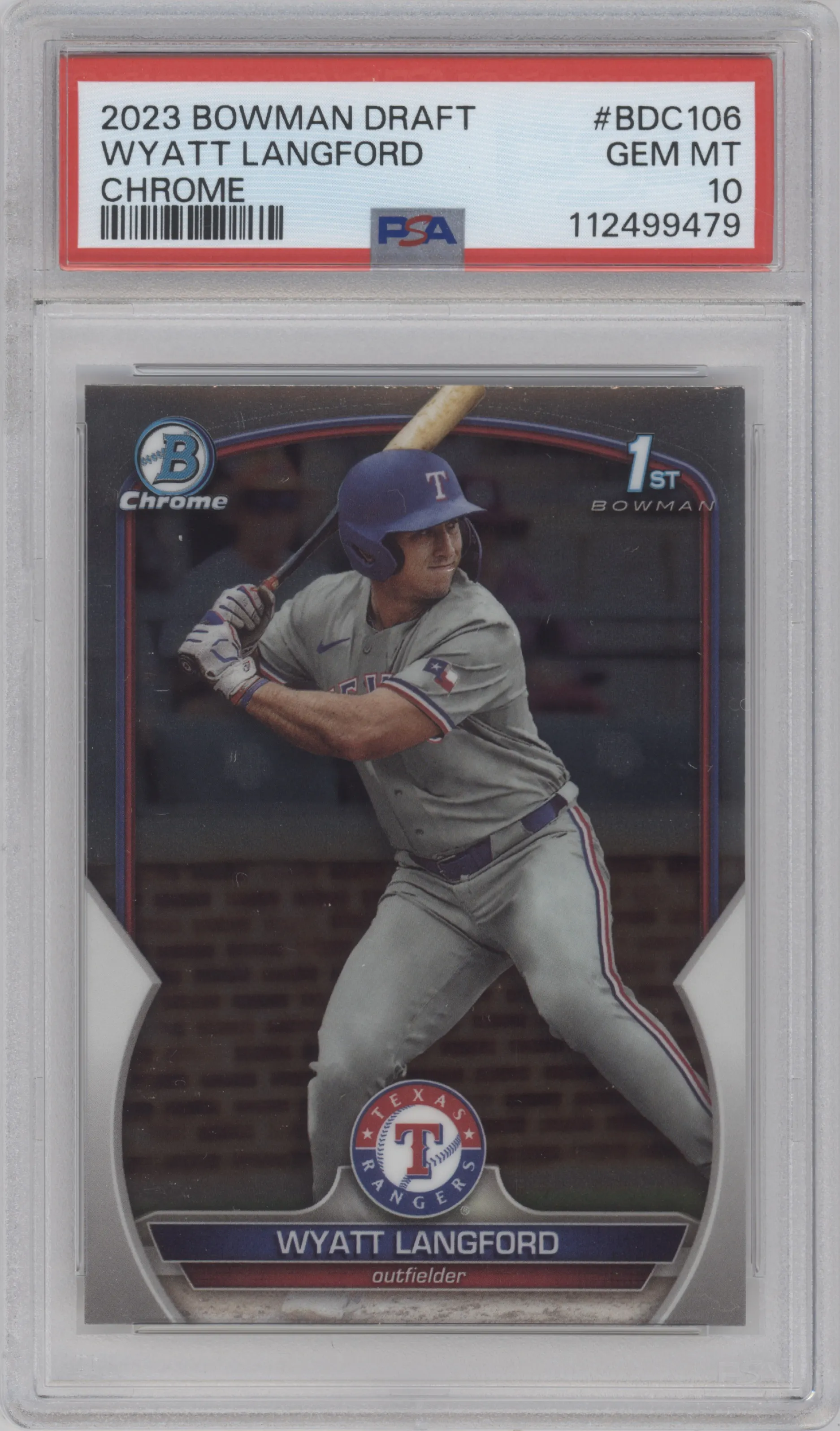 Wyatt Langford from the 2023 Bowman Draft set graded by PSA and given an overall grade of 10.