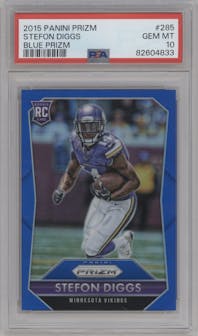 Stefon Diggs from the 2015 Panini Prizm set featuring a Blue Prizm parallel graded by PSA and given an overall grade of 10.