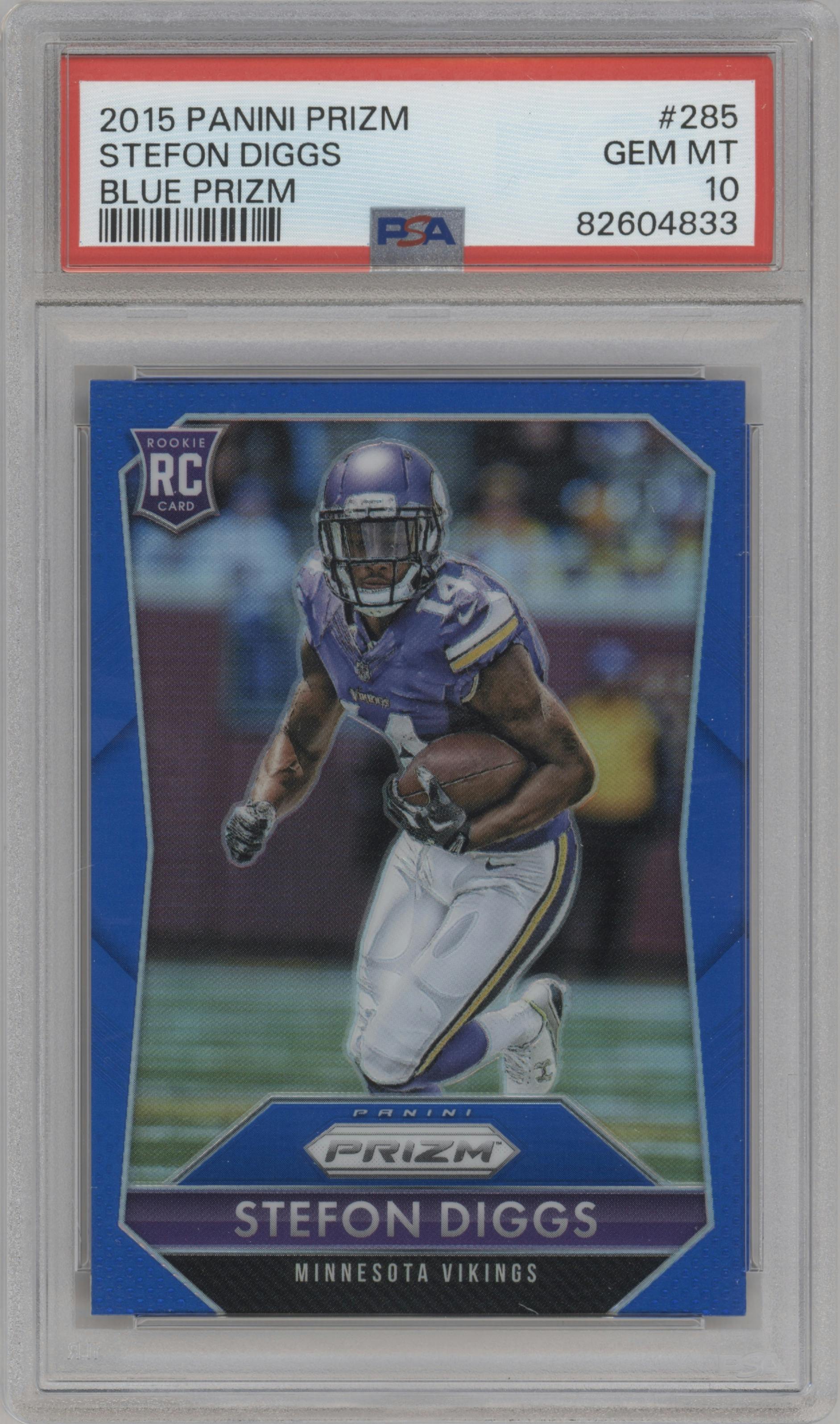 Stefon Diggs from the 2015 Panini Prizm set featuring a Blue Prizm parallel graded by PSA and given an overall grade of 10.