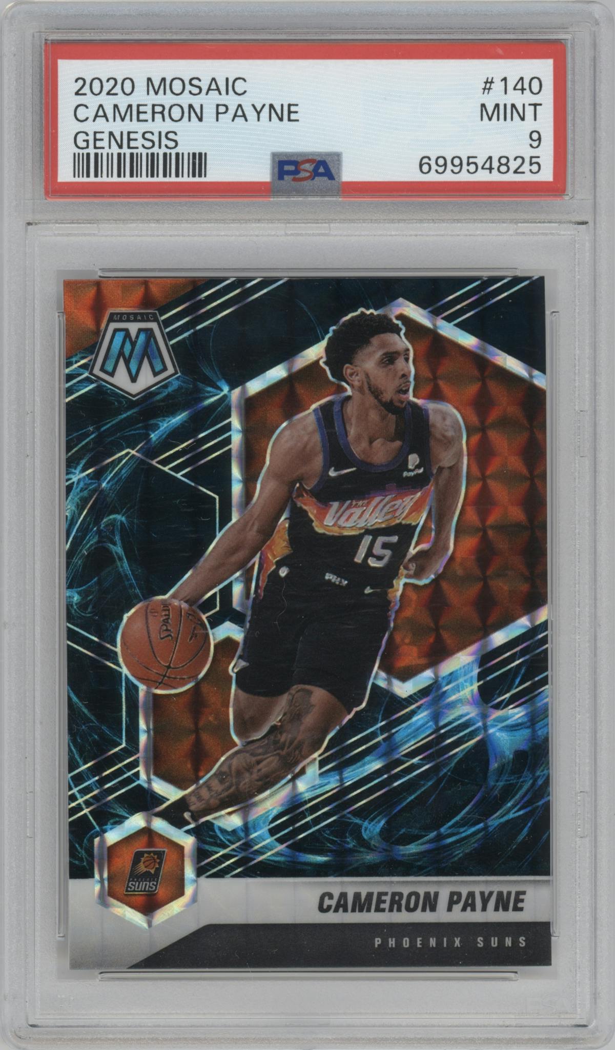 Cameron Payne from the 2020-21 Panini Mosaic set featuring a Genesis  parallel graded by PSA and given an overall grade of 9.